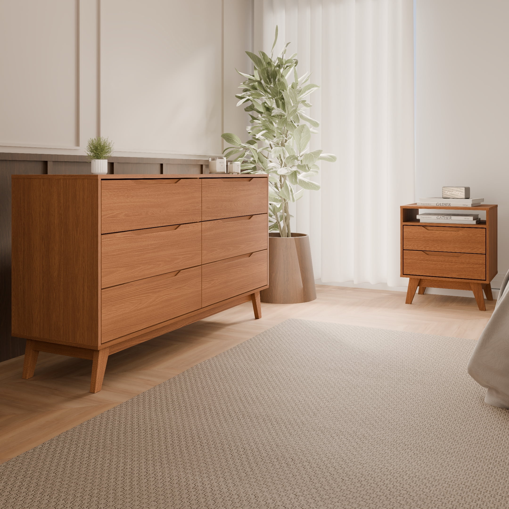 Kappesberg Bedroom Furniture Set with 6-Drawer Dresser and 2-Drawer Nightstand Golden Oak – Modern Storage Combo
