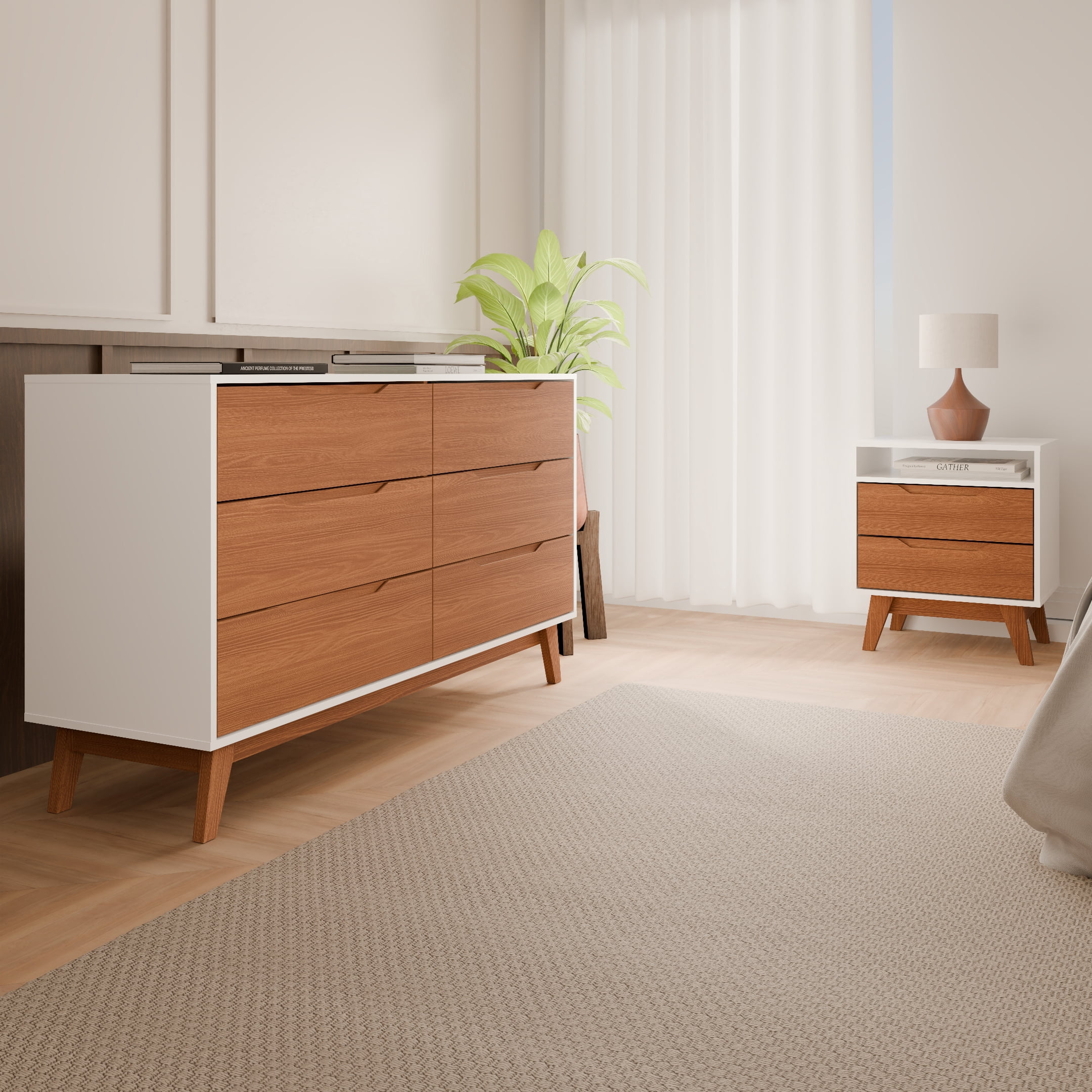 Kappesberg Bedroom Furniture Set with 6-Drawer Dresser and 2-Drawer Nightstand White/Golden Oak – Modern Storage Combo