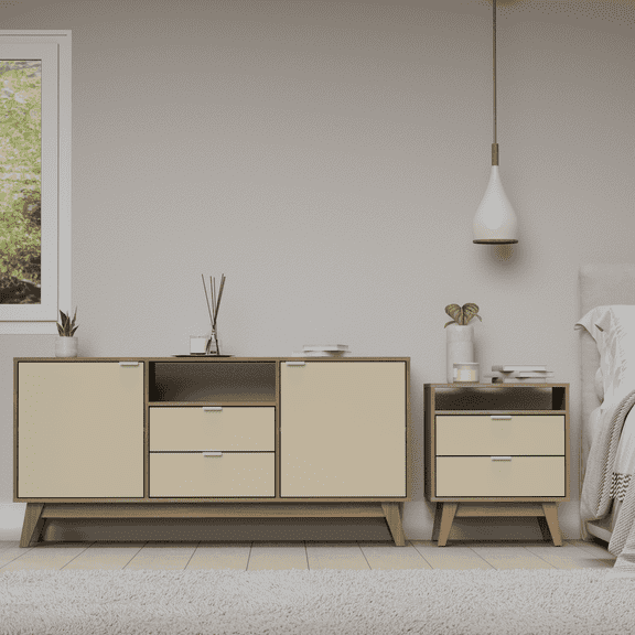 Kappesberg Chicago 2-Piece Light Brown/Cream Modern Living Room & Bedroom Furniture Set with TV Stand and Nightstand