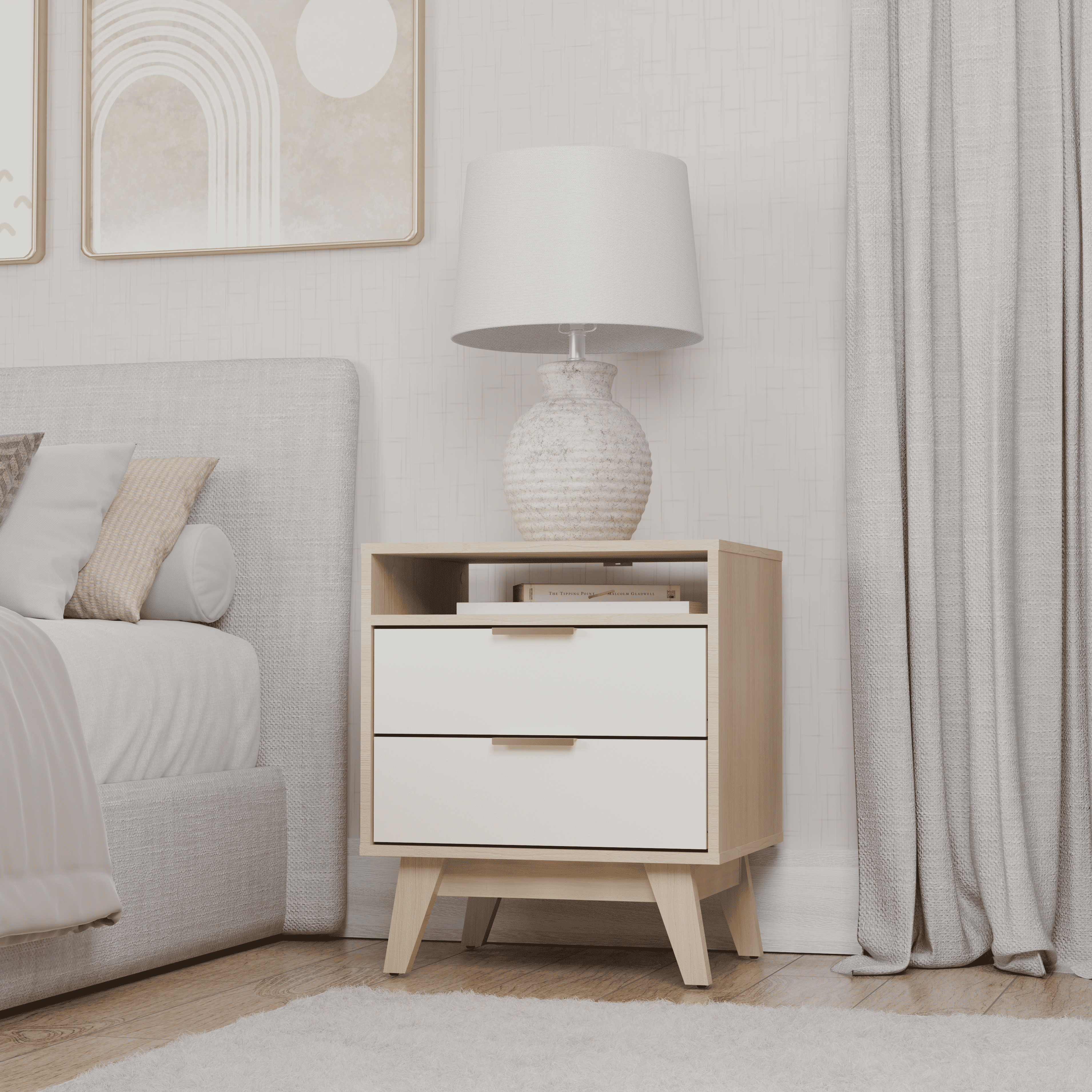 Kappesberg Copenhagen 2-Drawer Nightstand with Open Shelf, Blonde Oak/Cream – Modern Bedroom Storage for Adults and Teens