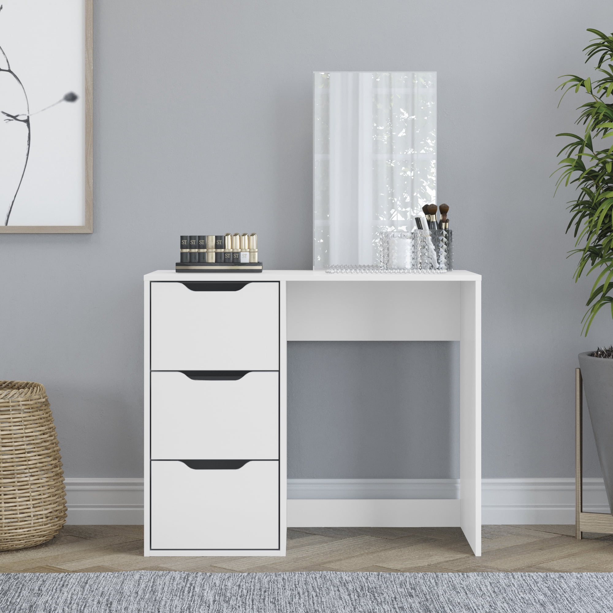Kappesberg Cristiana White Modern Vanity with Mirror and 3 Drawers – 35.8”W - for Adults and Teens