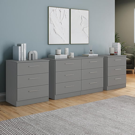 Kappesberg Foster Gray 50.3"W 6-Drawer Dresser and Two 3-Drawer Chests Bedroom Set - for Adults and Teens