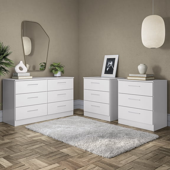Kappesberg Foster 3-Piece White Bedroom Set with Dresser and 2 Chests, Modern Bedroom Storage Furniture - for Adults and Teens