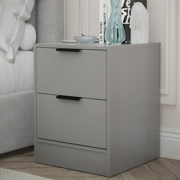 Kappesberg Fresno 2-Drawer Modern Nightstand, Grey, 22.8” H x 17.7” W x 17.7” D - for Adults and Teens