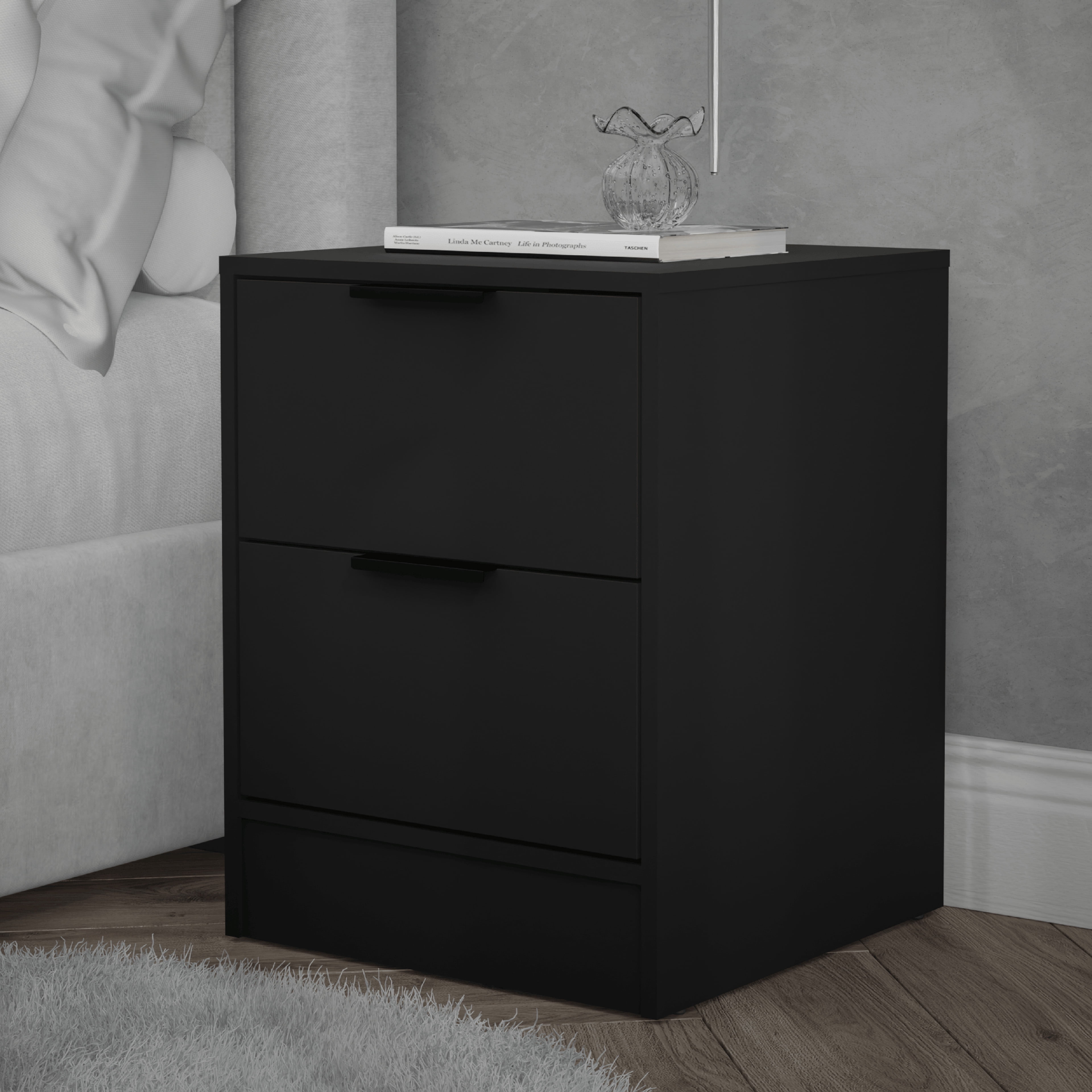 Kappesberg Fresno 2-Drawer Nightstand, Black Matte Finish – Modern Bedroom Storage for Adults & Teens