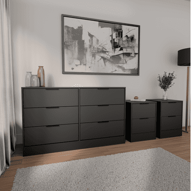Kappesberg Fresno Black 3-Piece Bedroom Furniture Set with 6-Drawer Dresser and Two 2-Drawer Nightstands for Adults and Teens