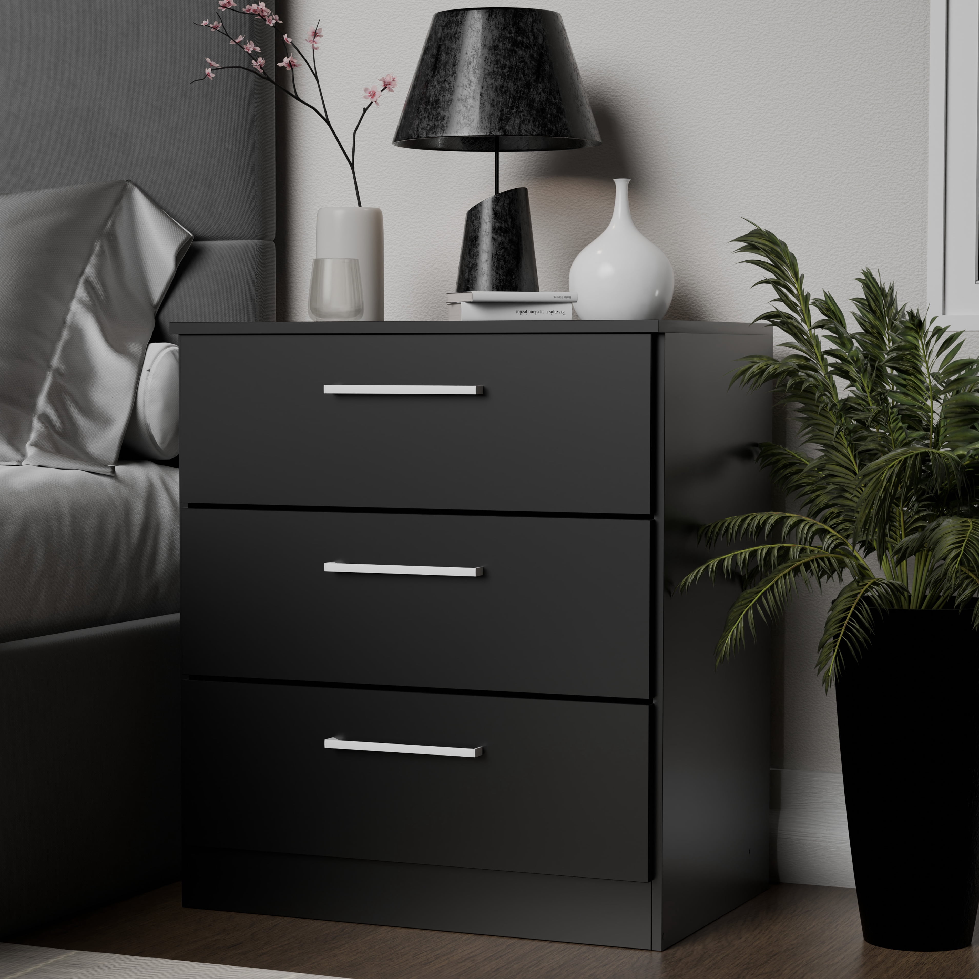 Kappesberg Jolyne 3-Drawer Vertical Dresser, Modern Black Bedroom