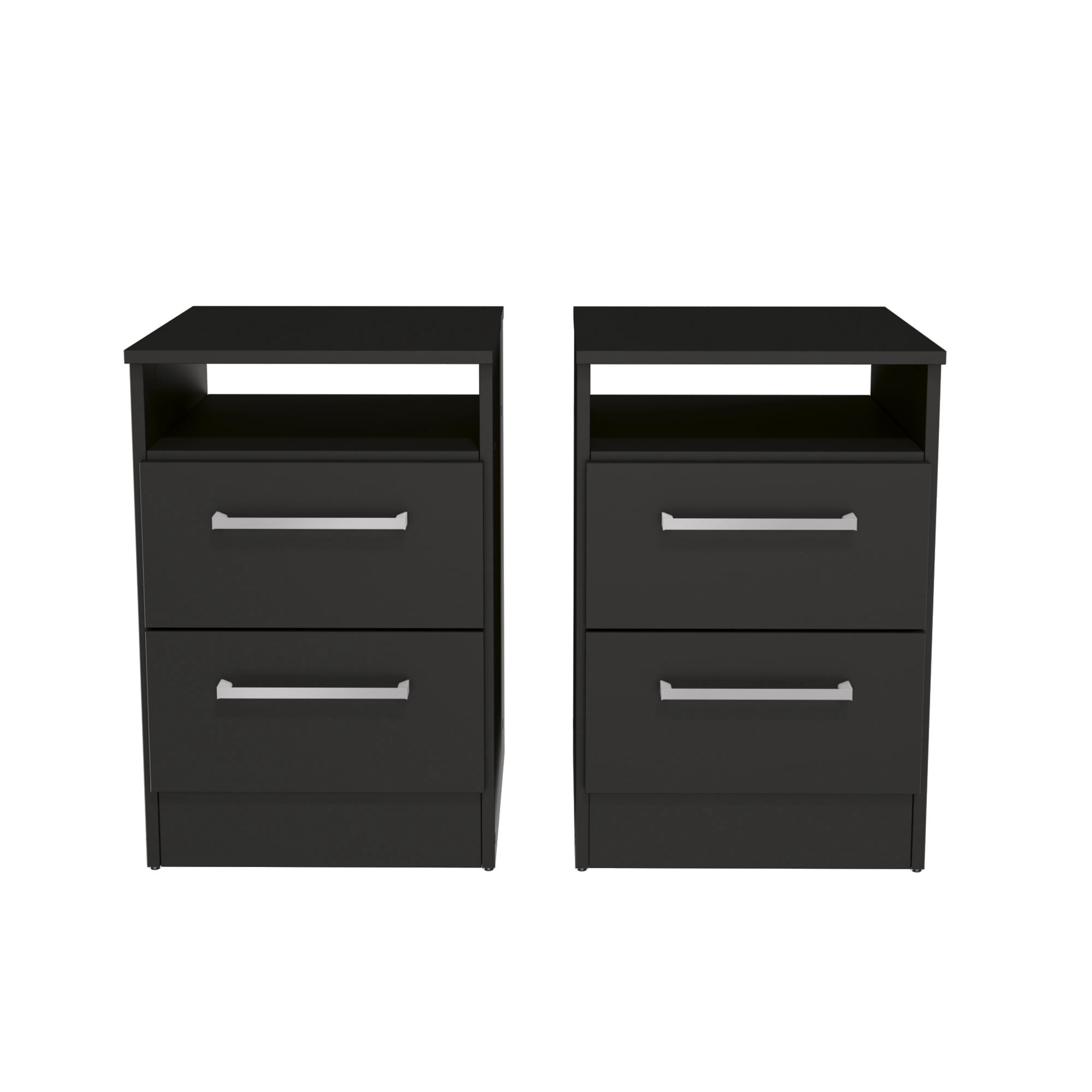Kappesberg Miami 2-Piece Modern Black Nightstand Set with Drawers and Open Shelf - for Adults and Teens