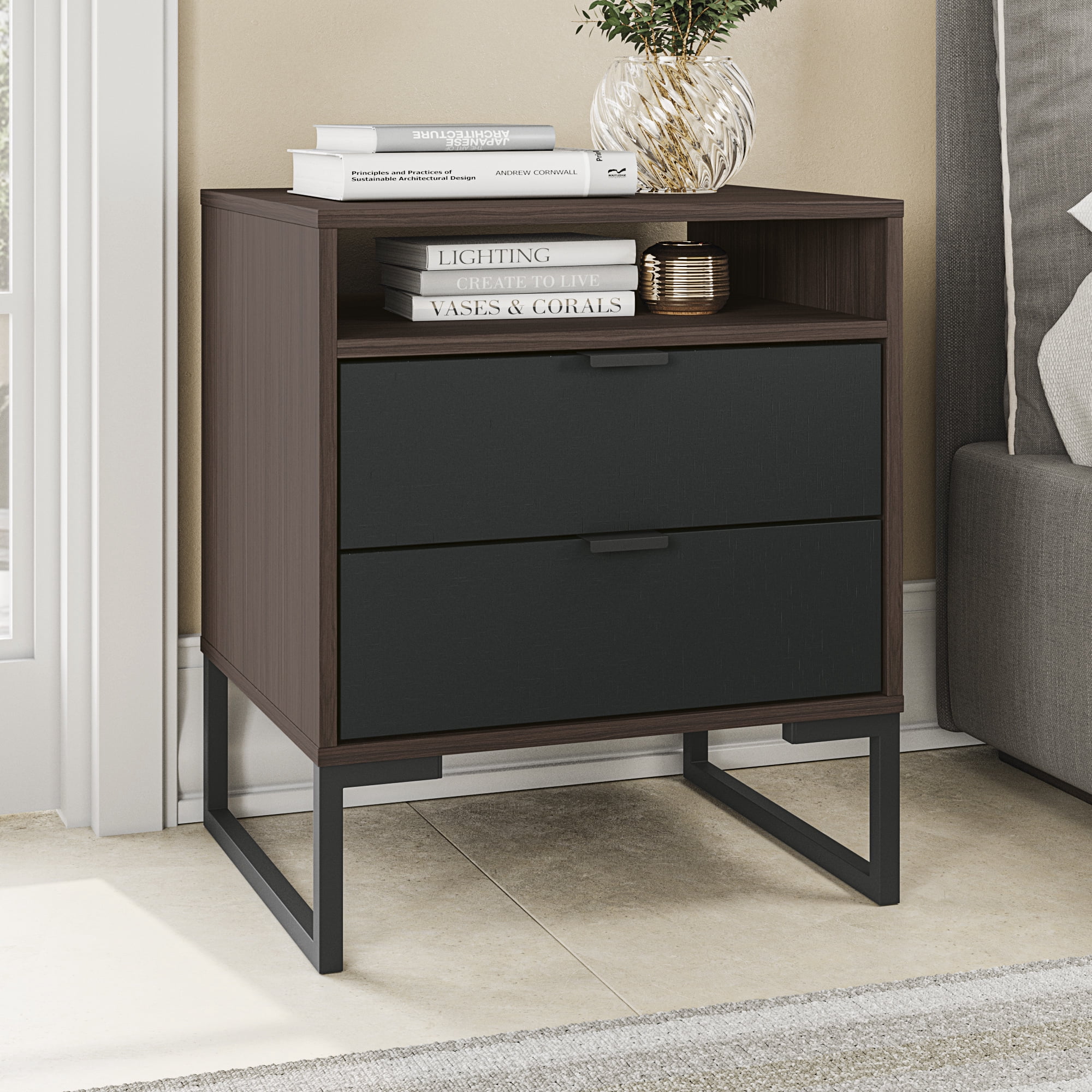 Kappesberg Collins 2-Drawer Nightstand with Open Shelf, Metro Brown & Black, Mid-Century Modern - for Adults and Teens