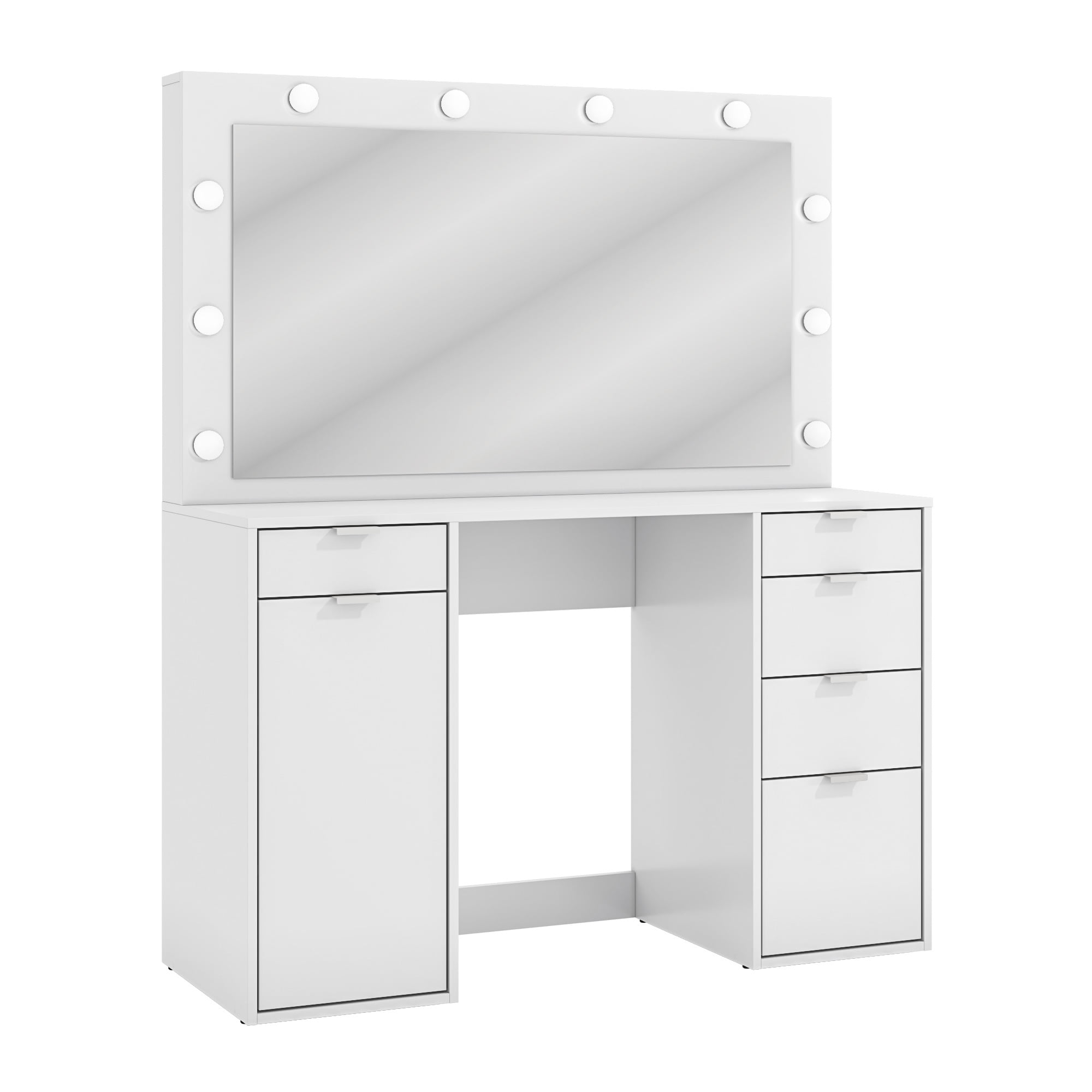 Kappesberg Mosi White Vanity Desk with LED Mirror, 5 Drawers & 1 Door – 47.7"W
