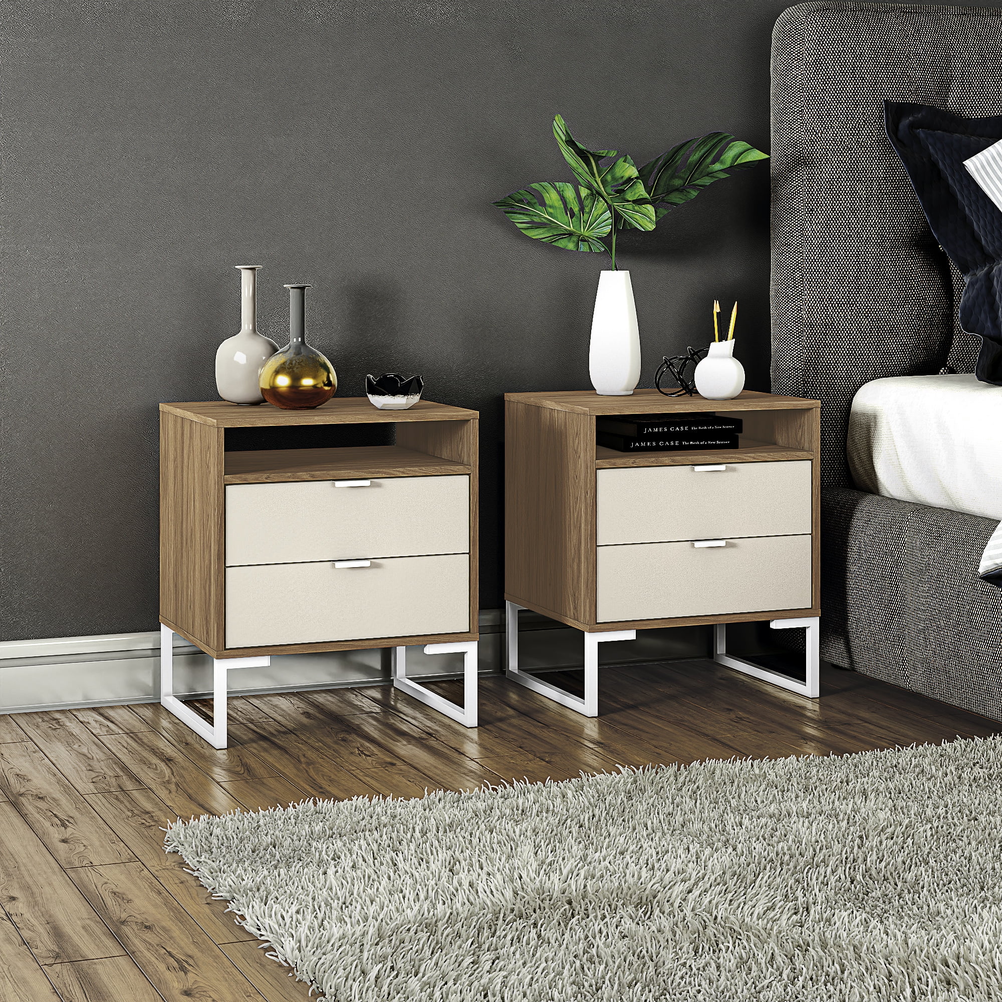 Kappesberg Collins Set of 2 Nightstands - Light Brown/Cream – 21.25"W, 2-Drawer - for Adults and Teens