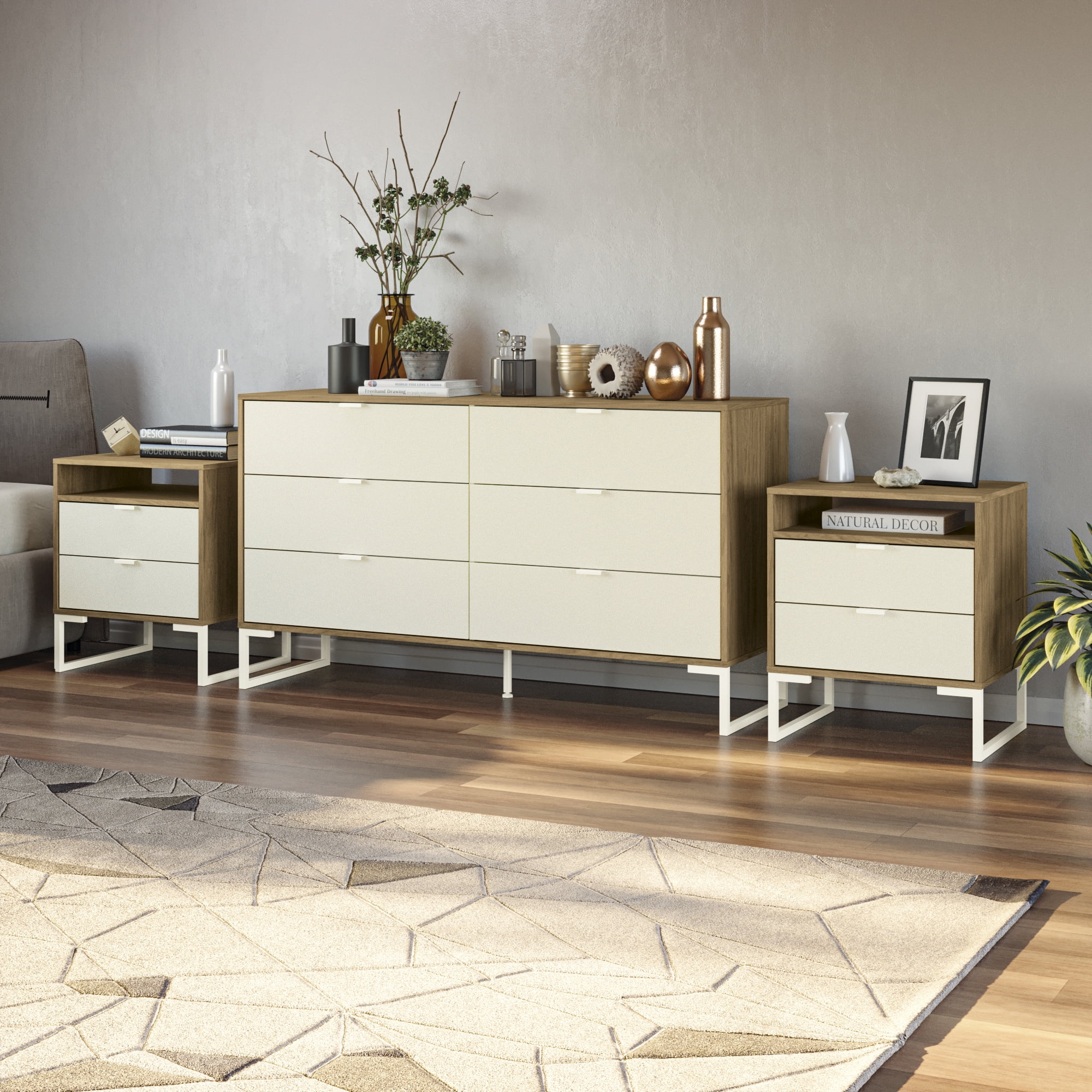 Kappesberg New Collins 3-Piece Bedroom Set, 6-Drawer Dresser & Two 2-Drawer Nightstand, Brown/Creme - for Adults and Teens