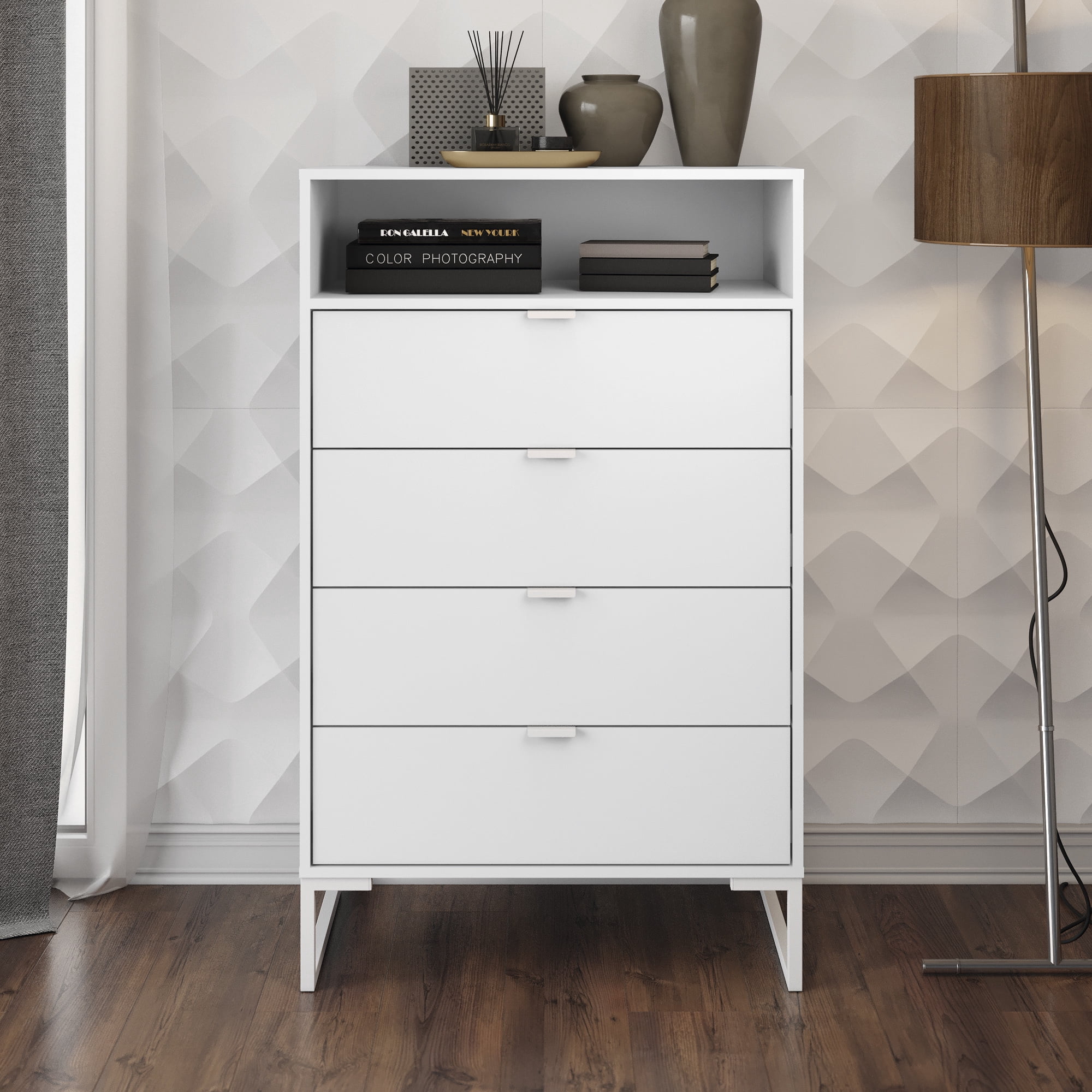 Kappesberg Collins White Tall 4-Drawer Dresser with Open Shelf – 47.6"H x 29.1"W x 17.7"D - for Adults and Teens