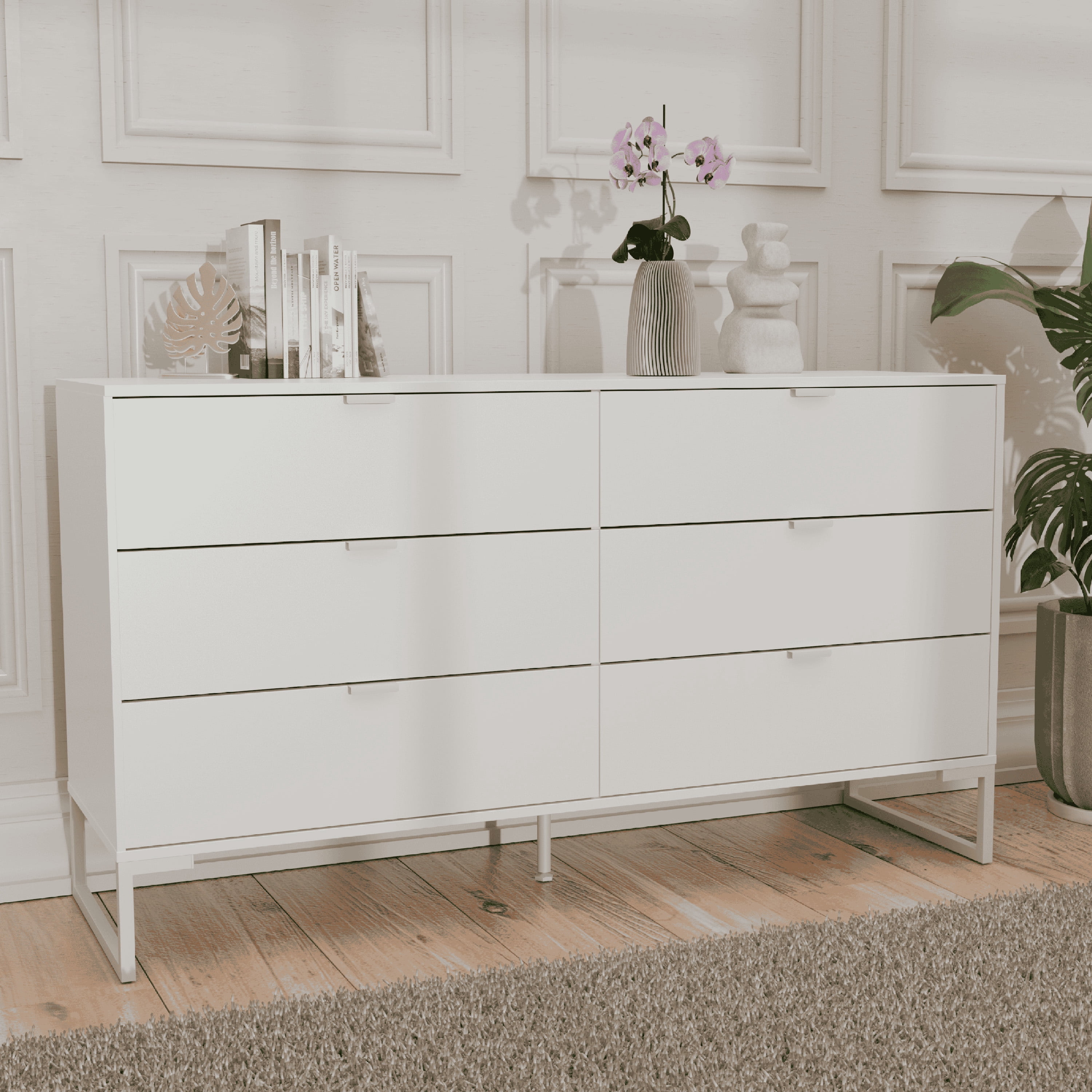 Kappesberg Collins White 6-Drawer Modern Dresser, 57" W – Spacious Bedroom Storage for Adults & Teens