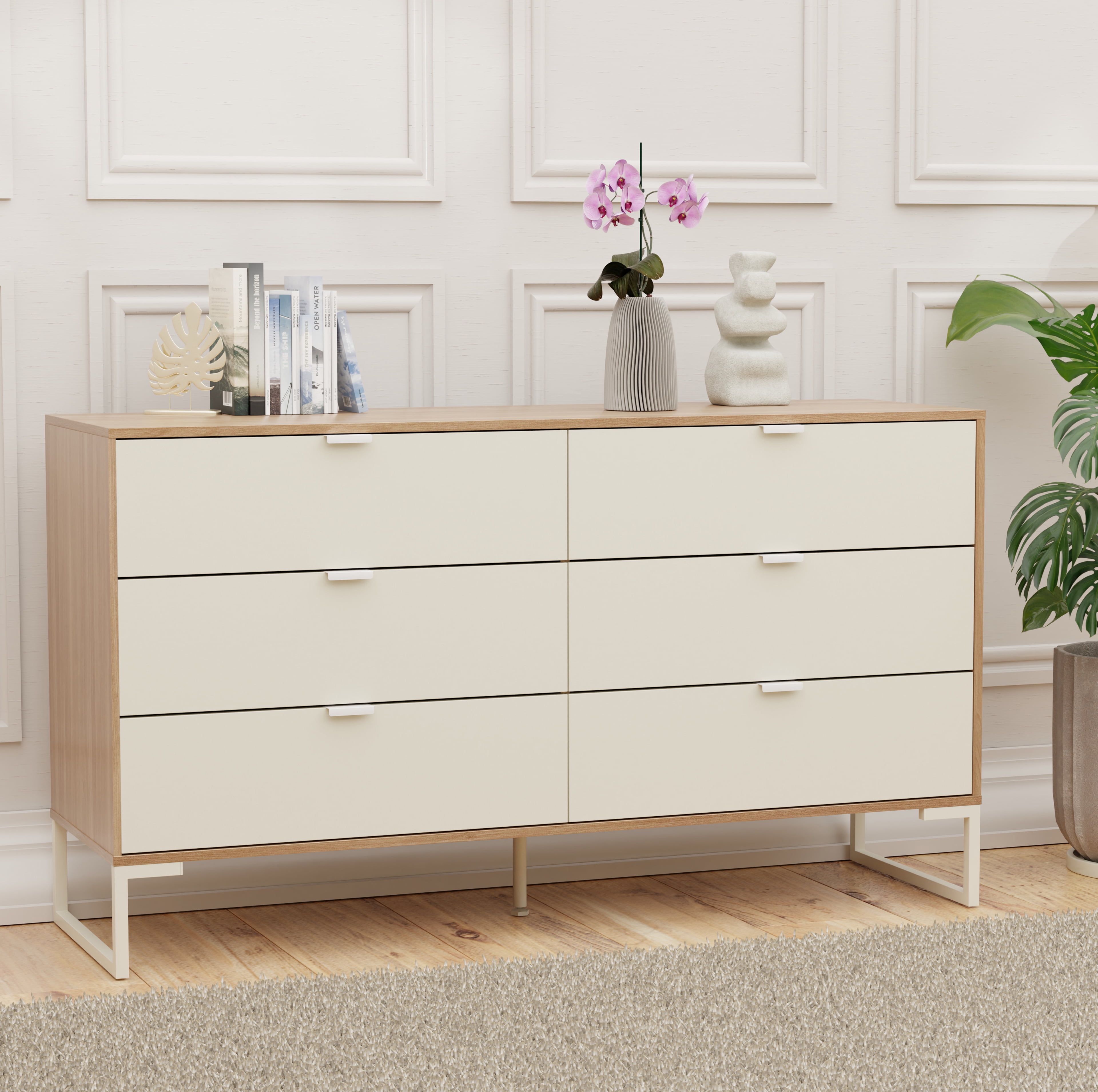 Kappesberg Collins 6-Drawer Dresser in Light Brown/Cream – Wide Modern Storage Cabinet for Bedroom, Hallway, or Living Space - for Adults and Teens