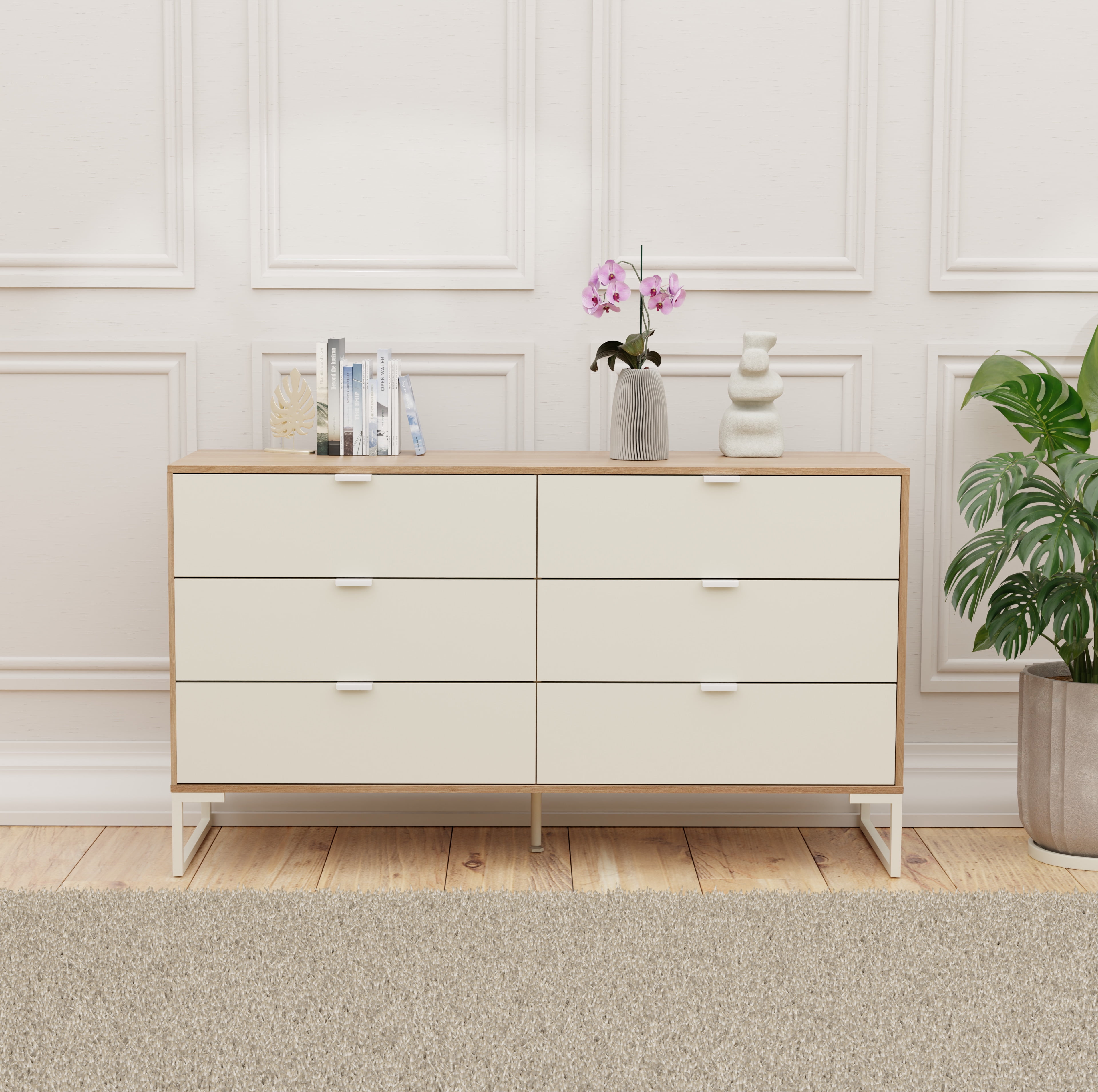 Kappesberg Collins 6-Drawer Dresser – Functionality and Style for Your Bedroom, for Adults and Teens - Light Brown/Creme.