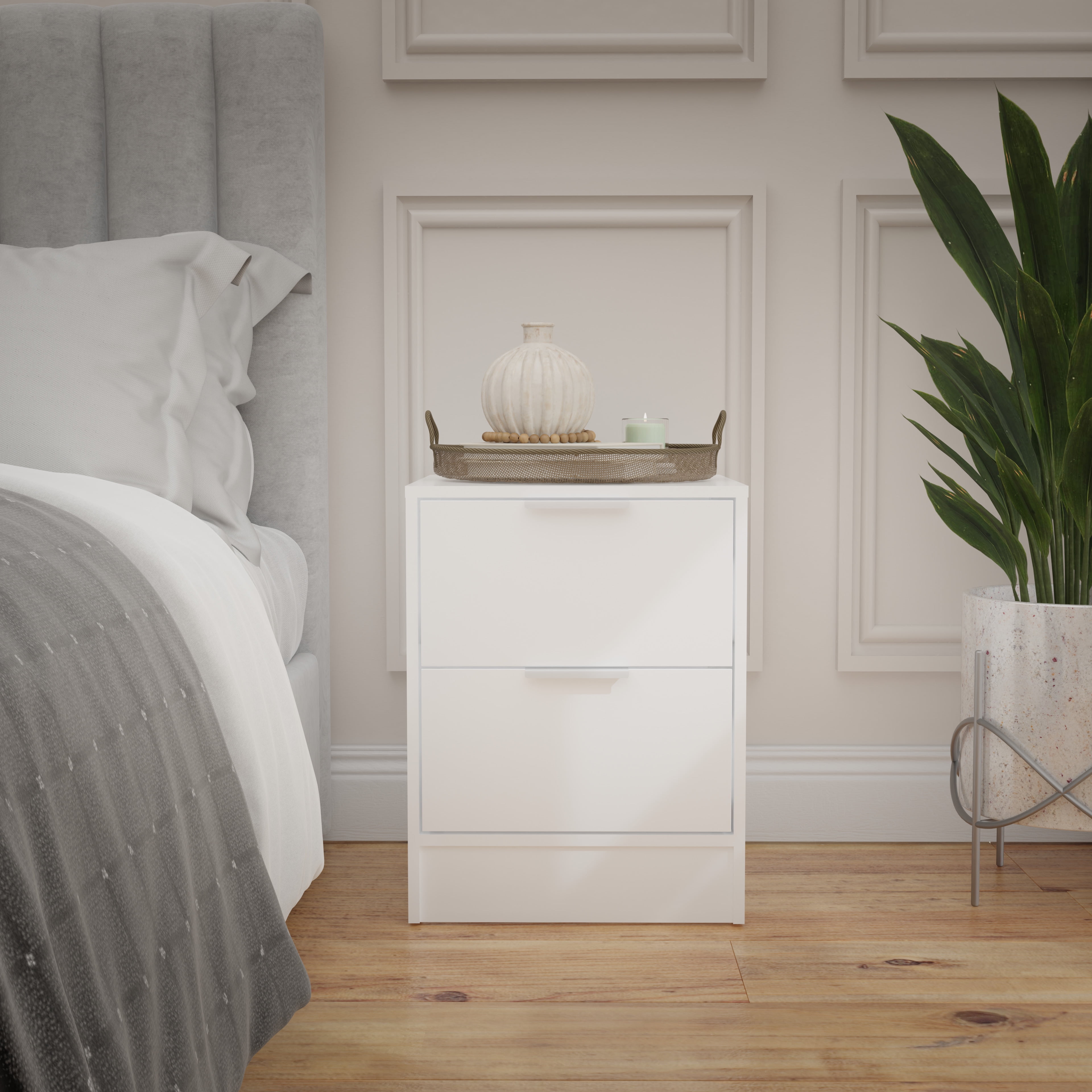 Matte White Modern 2-Drawer Nightstand with Silver Pulls