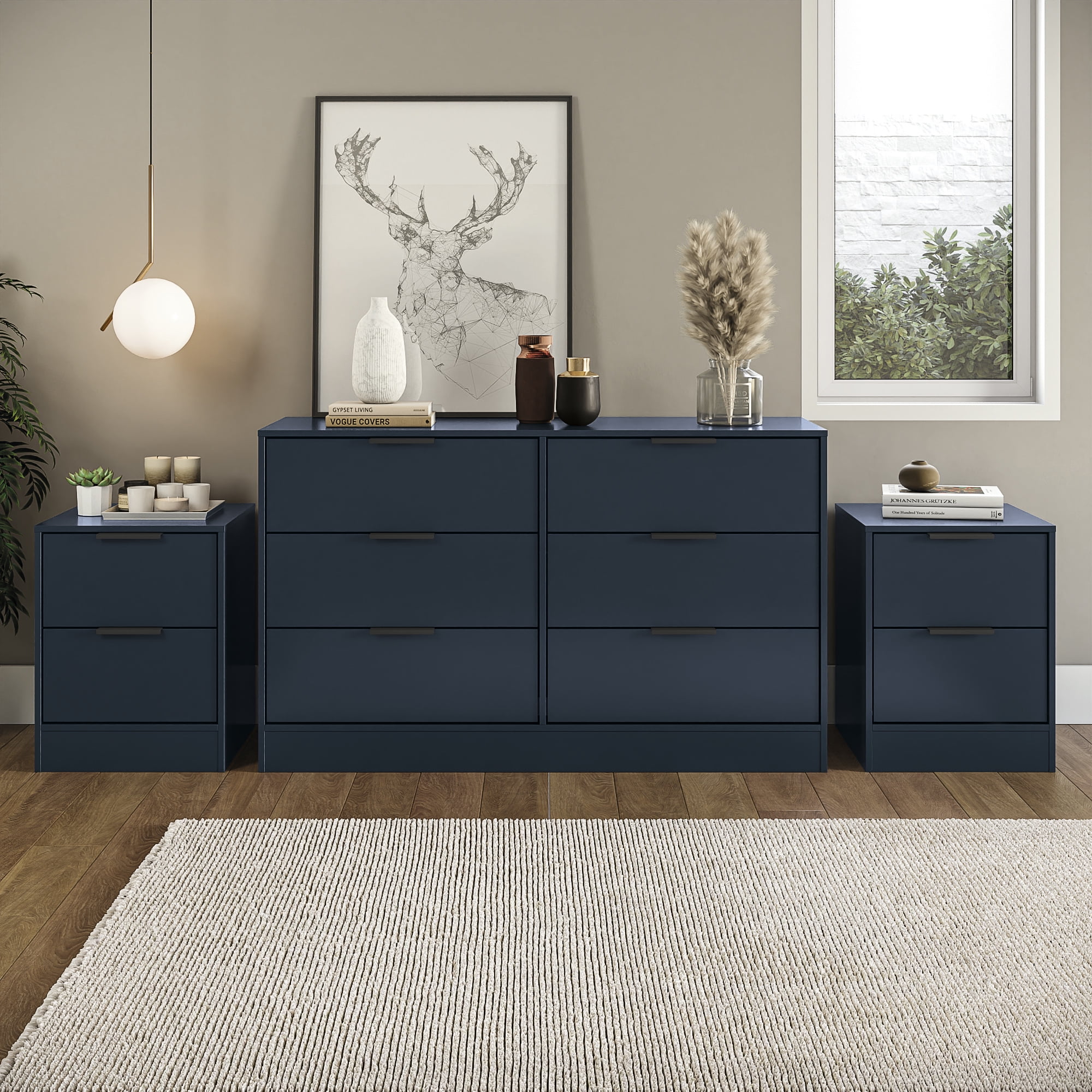 Kappesberg Fresno Modern 3-Piece Bedroom Set 6-Drawer Dresser & Two 2-Drawer Nightstands Deep Blue Finish