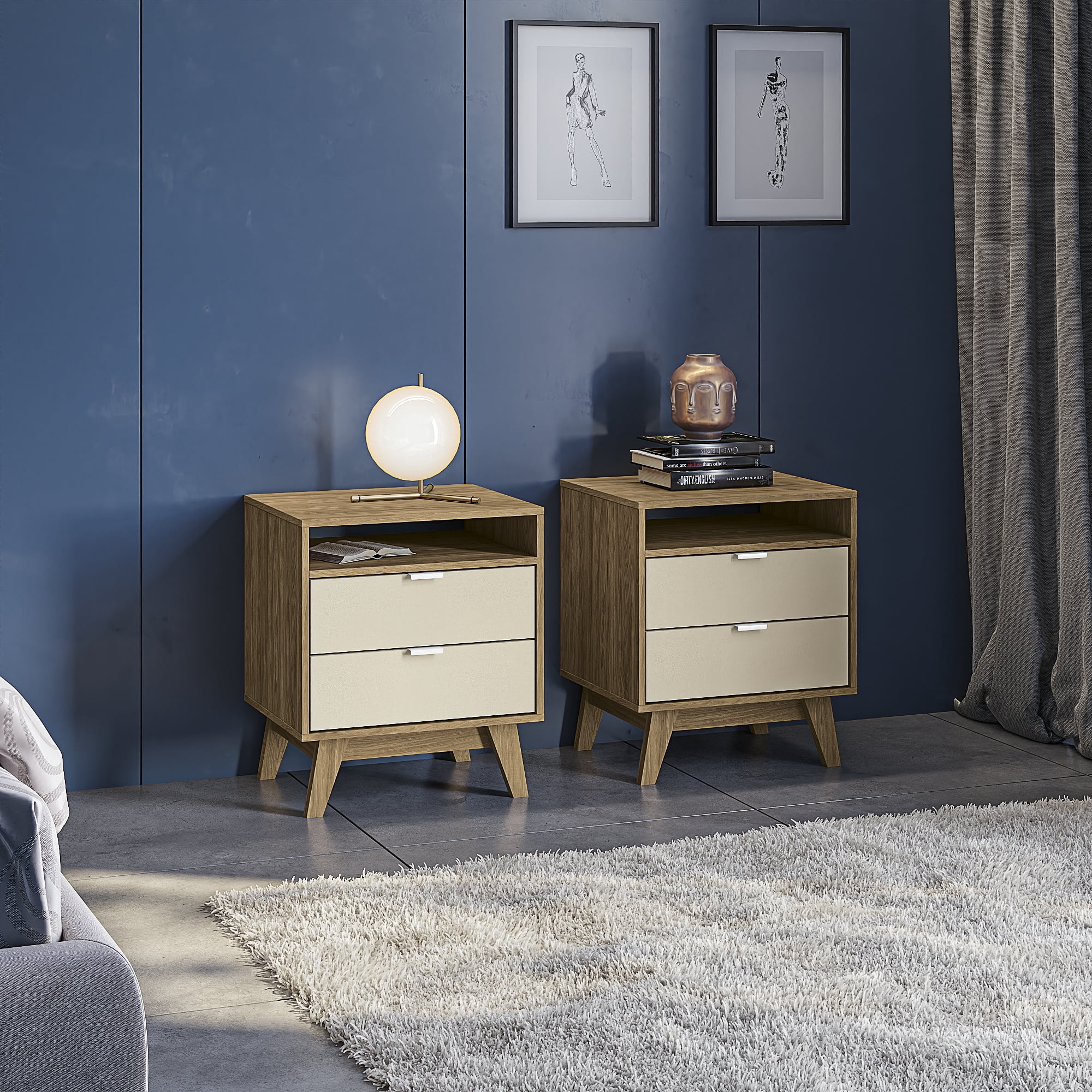 Kappesberg Hanford Brown & Creme 21.25"W 2‑Drawer Nightstand Set, 2‑Piece  - Light Brown/Cream - for Adults and Teens