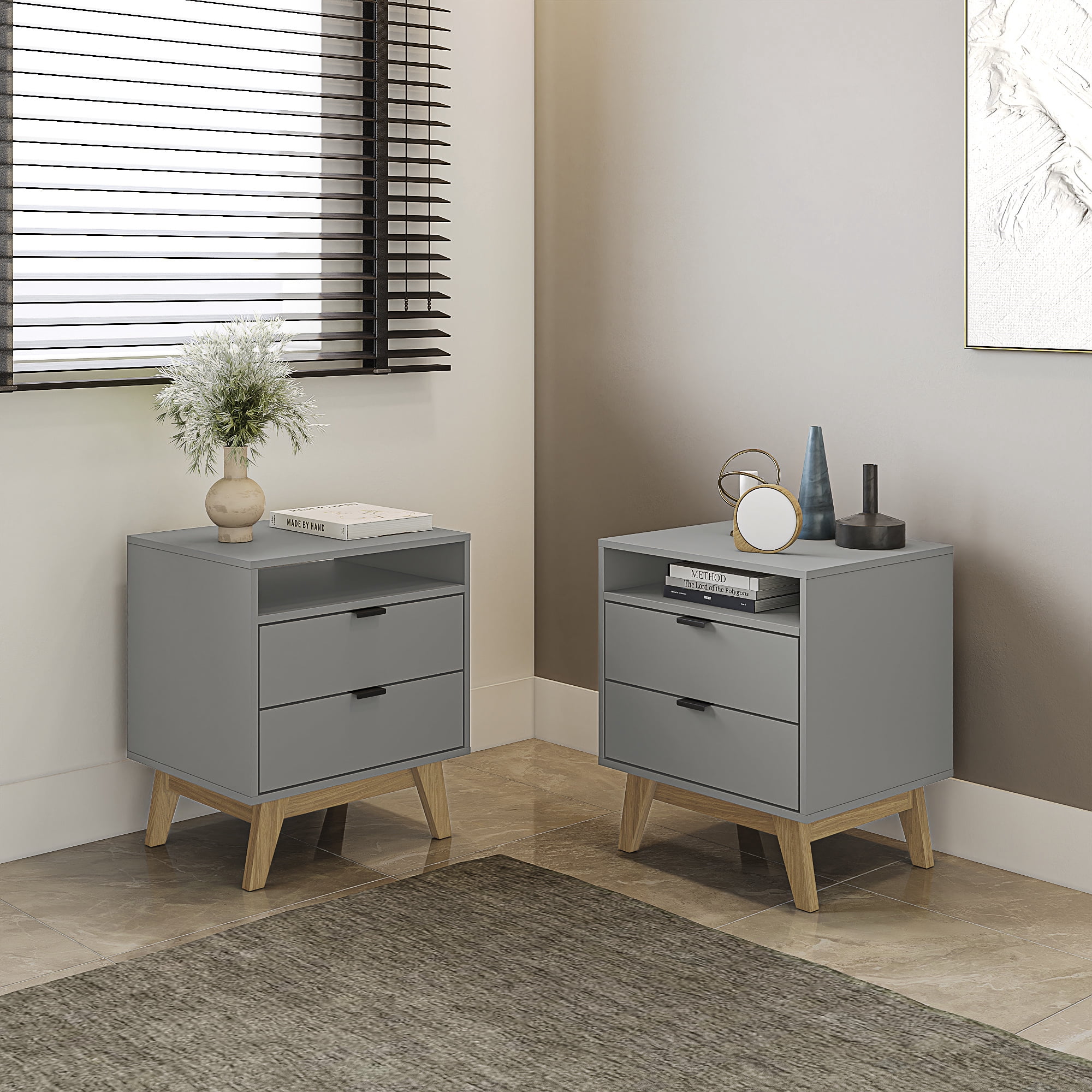 Kappesberg Hanford 2-Piece 21.25"W Mid-Century Modern 2-Drawers Nightstand - Gray - for Adults and Teens