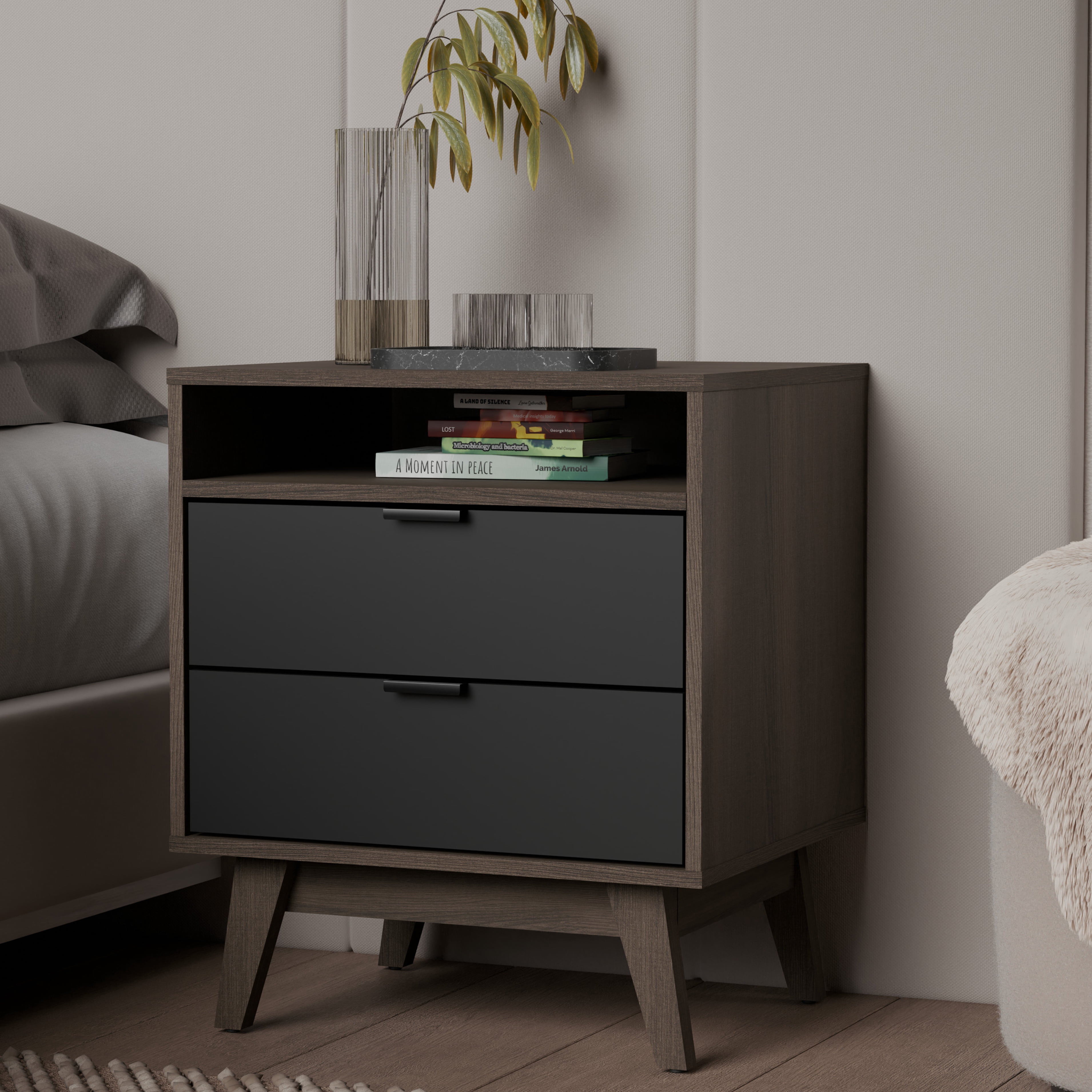 Kappesberg Hanford 2-Drawer Nightstand with Open Shelf & Cable