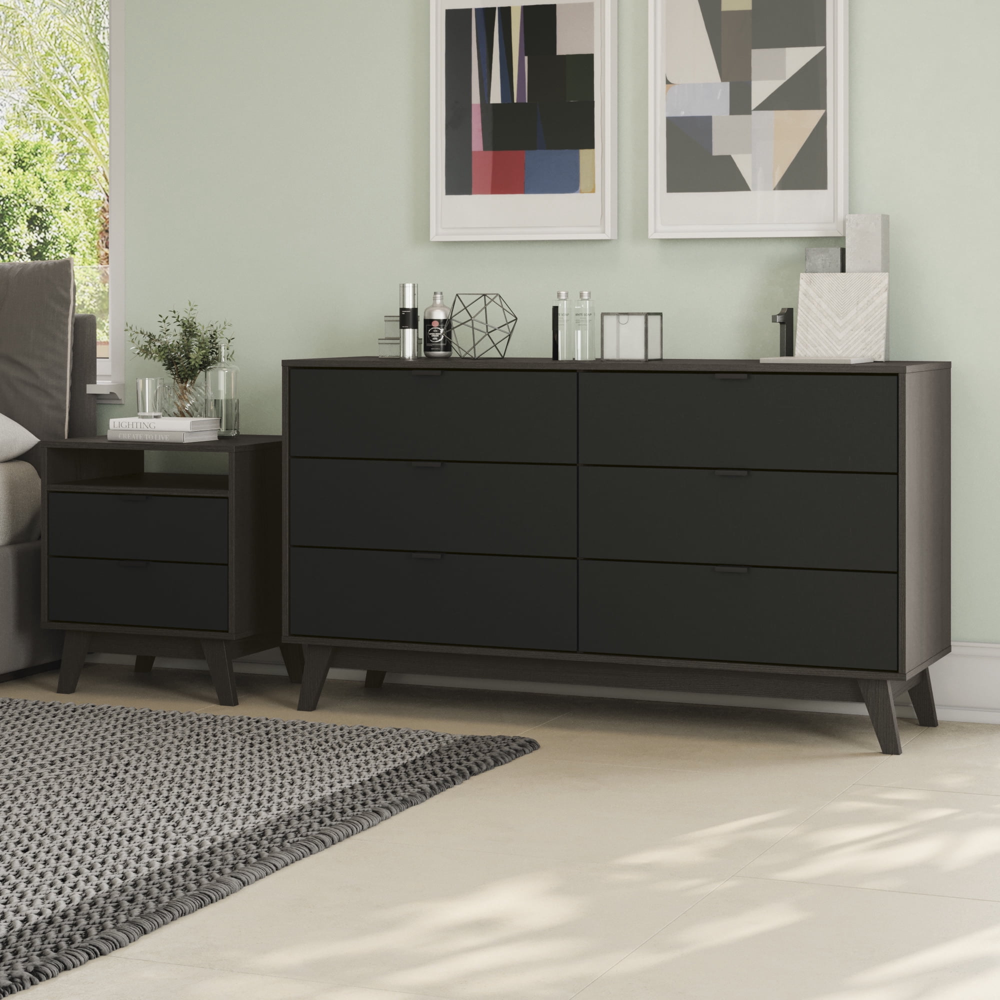 Kappesberg New Hanford 2-Piece Bedroom Set, 6-Drawer Dresser & One 2-Drawer Nightstand, Brown/Black - for Adults and Teens