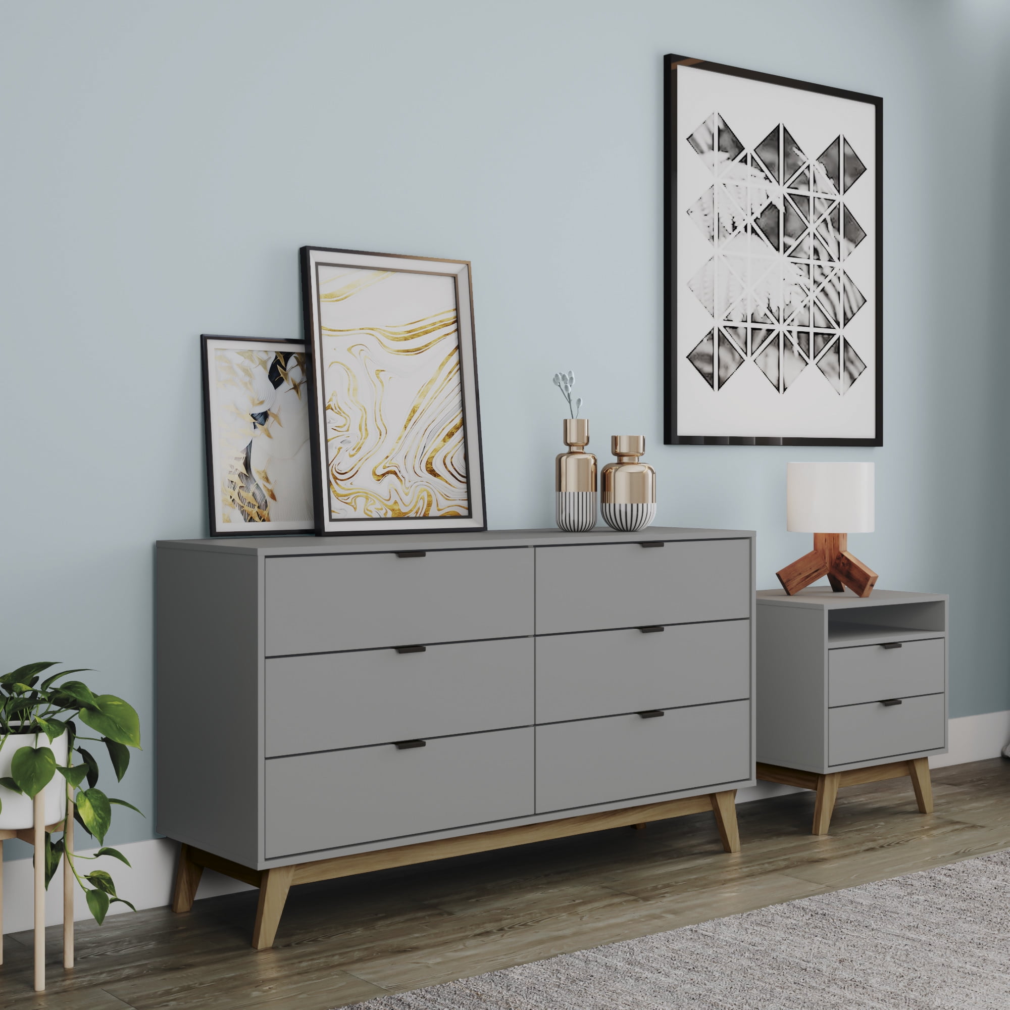 Kappesberg Hanford 2-Piece Bedroom Set Gray Mid-Century 6-Drawer Dresser & 2-Drawer Nightstand with Shelf - for Adults and Teens