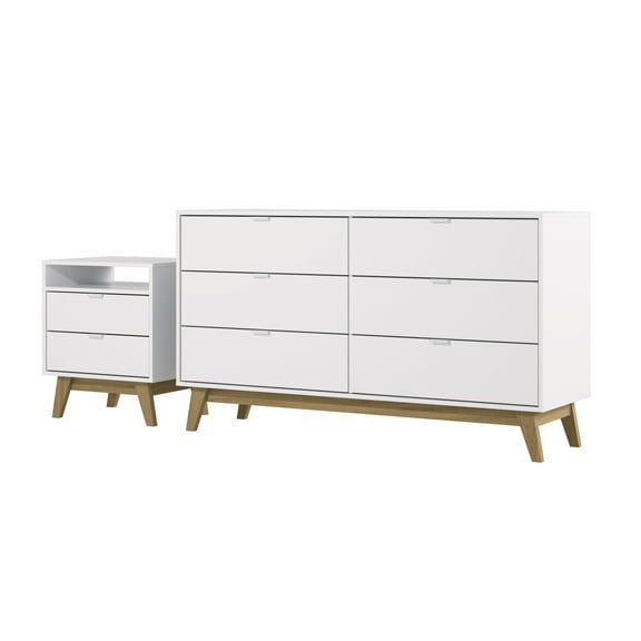 Kappesberg Hanford White/Light Brown 2-Piece Bedroom Set, One 6-Drawer Dresser and One 2-Drawer Nightstand