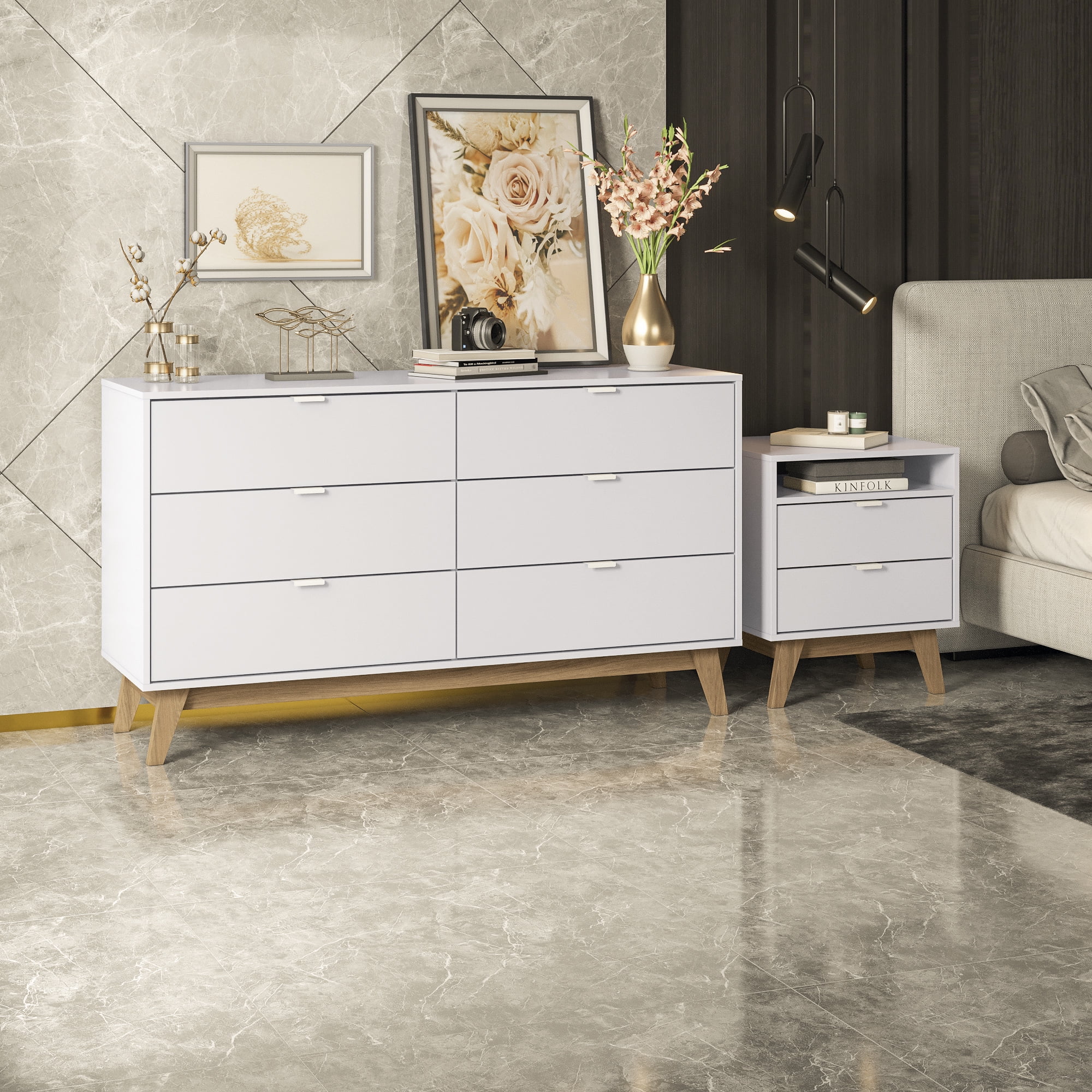 Kappesberg Hanford White/Light Brown 2-Piece Bedroom Set, One 6-Drawer Dresser and One 2-Drawer Nightstand