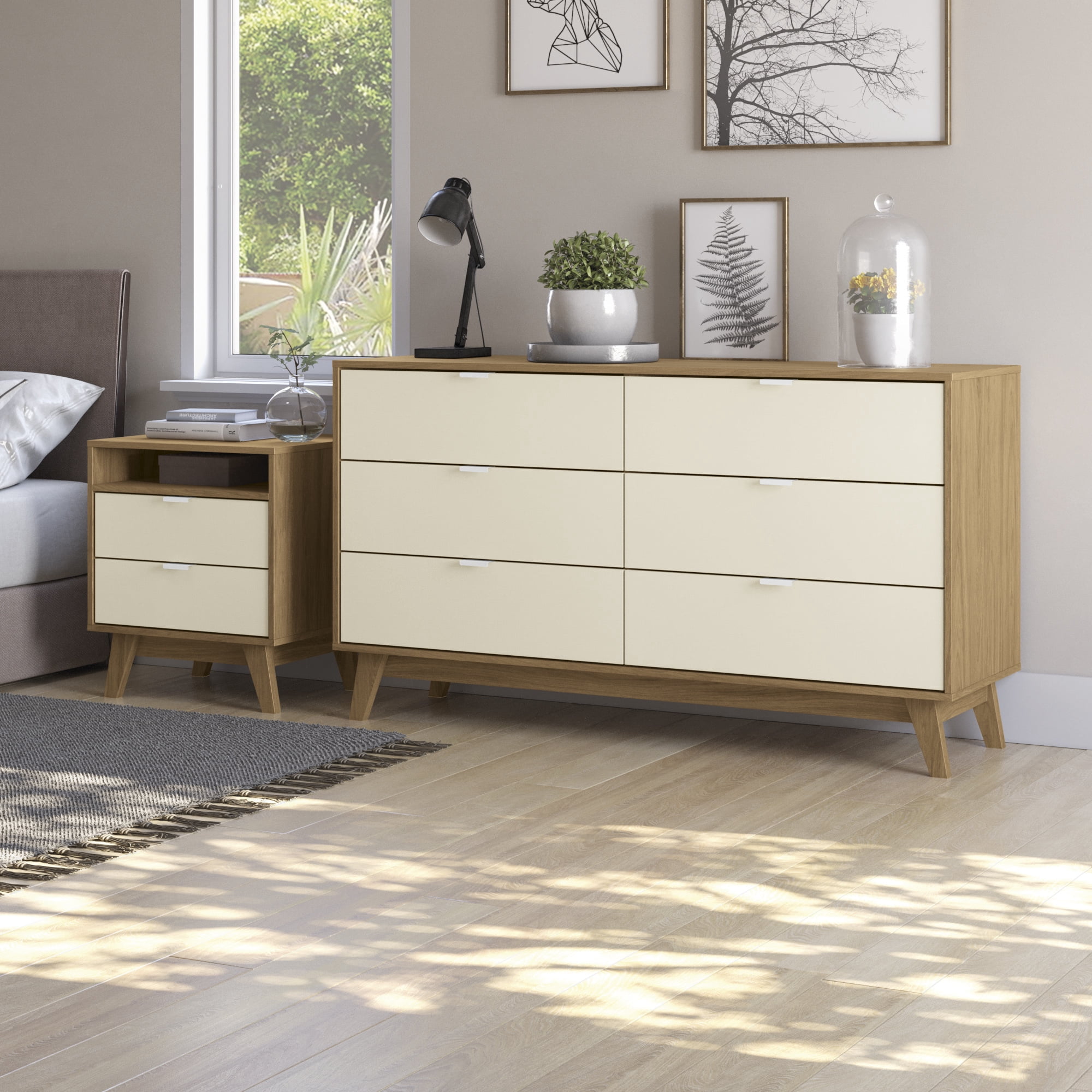 Kappesberg Hanford Mid-Century Light Brown & Creme 56.8"W Dresser and Nightstand Set - for Adults and Teens
