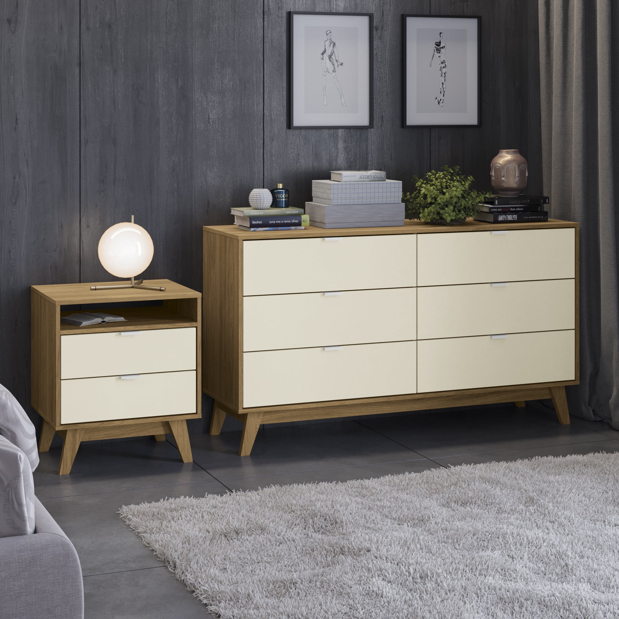 Kappesberg Hanford Mid-Century Light Brown & Creme 56.8 inchw Dresser and Nightstand Set - for Adults and Teens