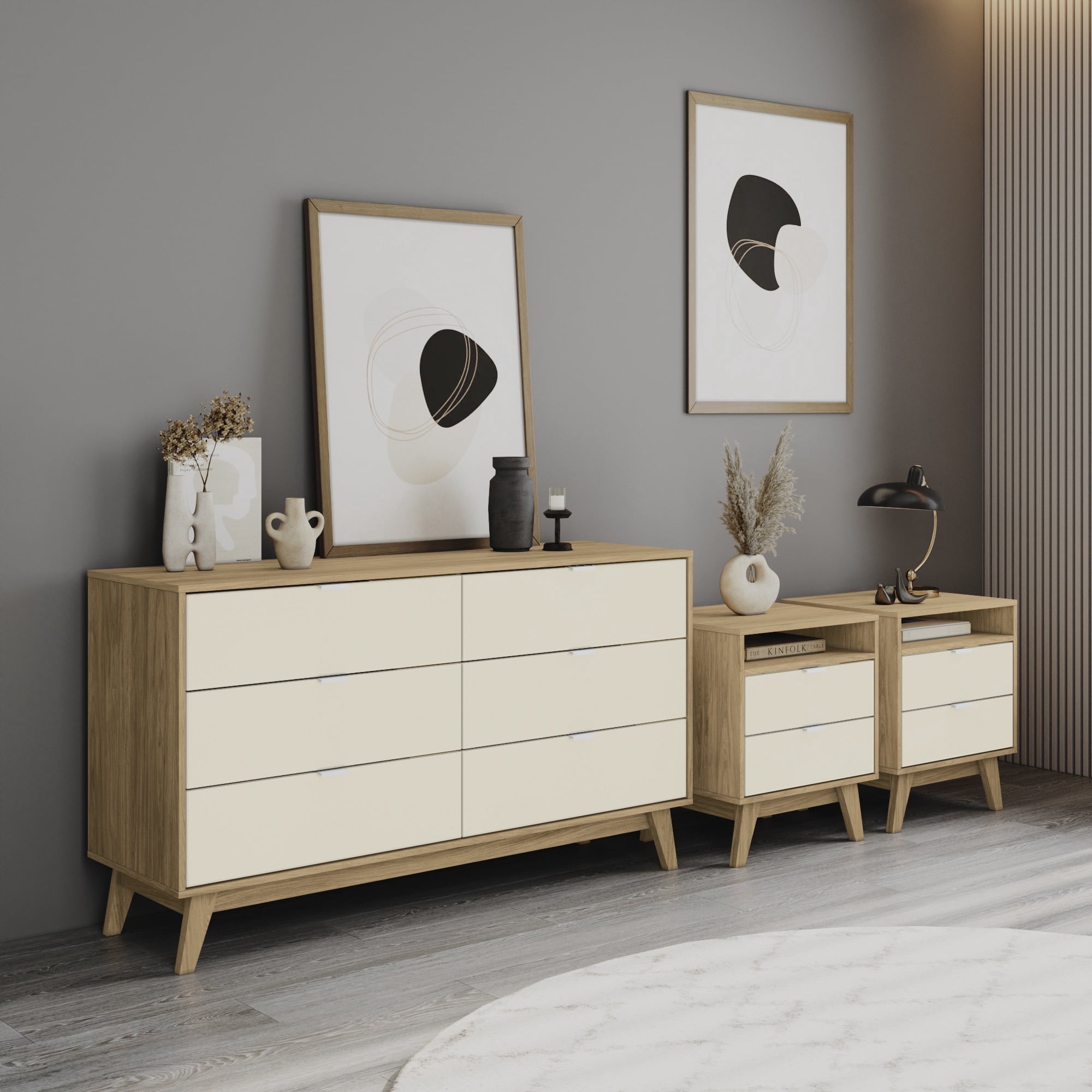 Kappesberg Hanford Light Brown/Creme 56.8"W Dresser and Two Nightstand Bedroom Set - for Adults and Teens