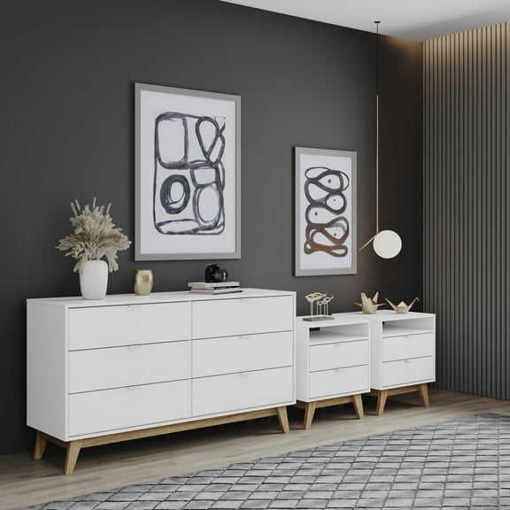 Kappesberg Hanford 3-Piece Bedroom Set, One 6-Drawer Dresser & Two 2-Drawer Nightstands, White, for Adults and Teens