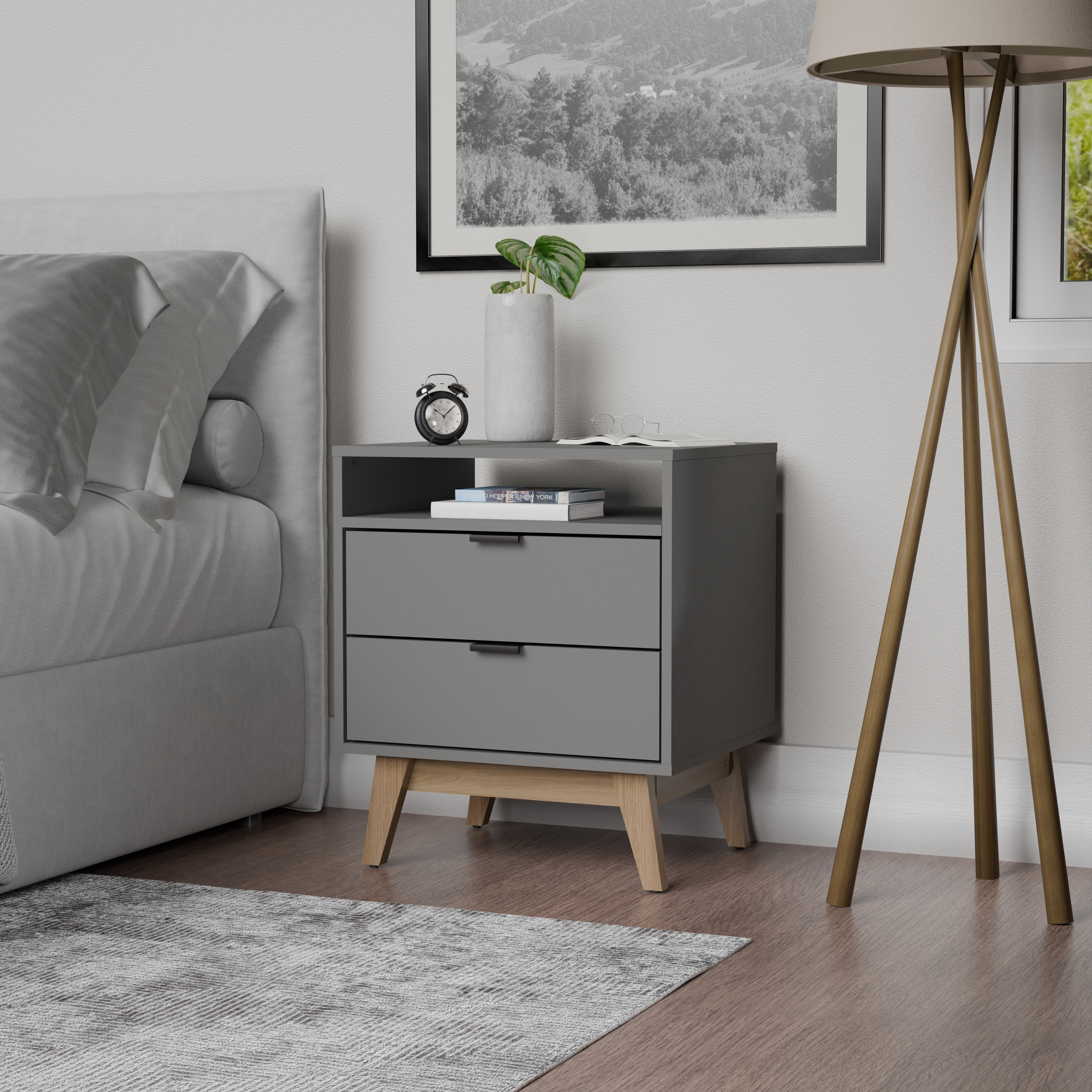 Kappesberg Hanford Modern 2-Drawer Nightstand with Niche, 24.4”H x 21.25”W x 17.7”D, Grey - for Adults and Teens