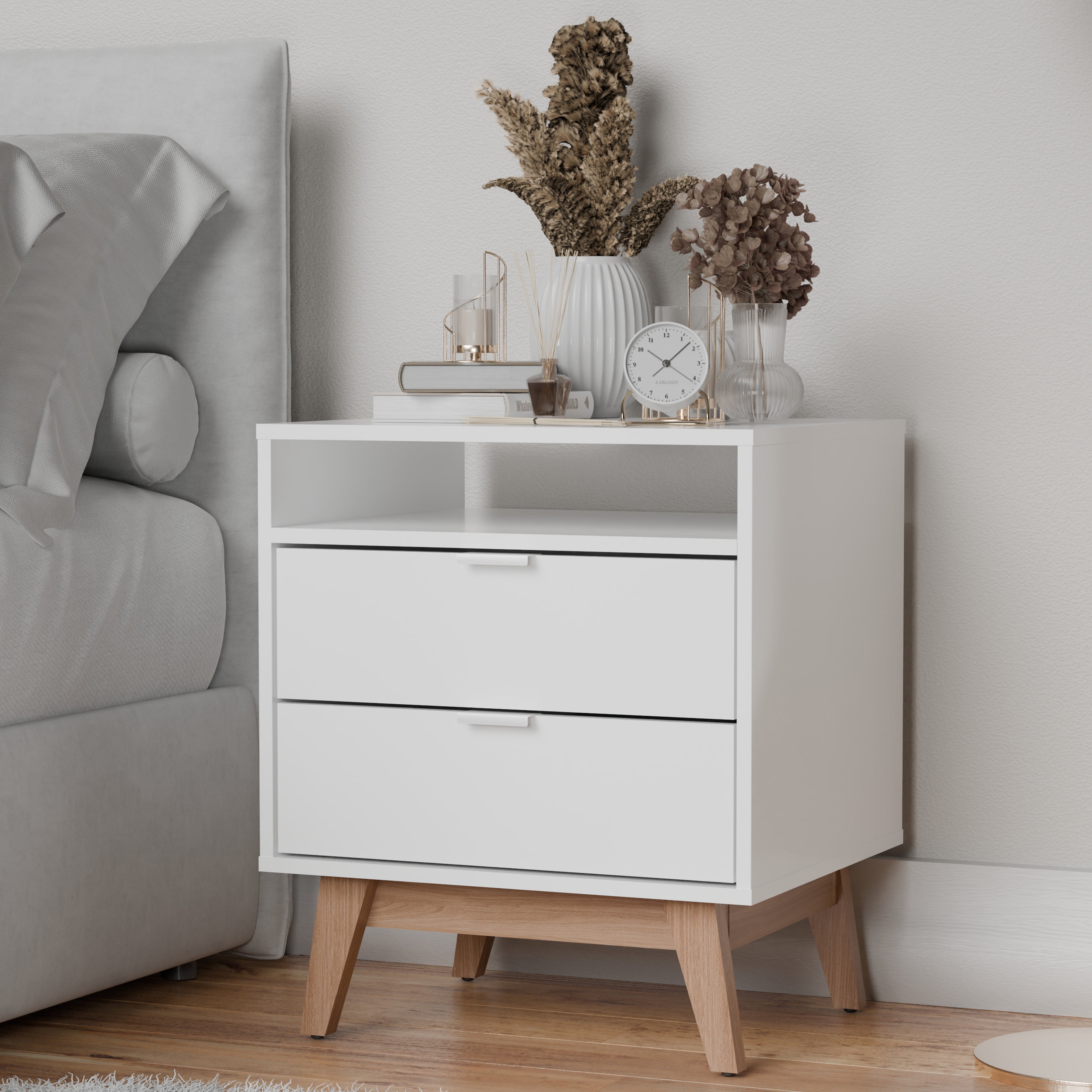 Kappesberg Hanford 2-Drawer Nightstand with Open Shelf, White & Light Brown - for Adults and Teens