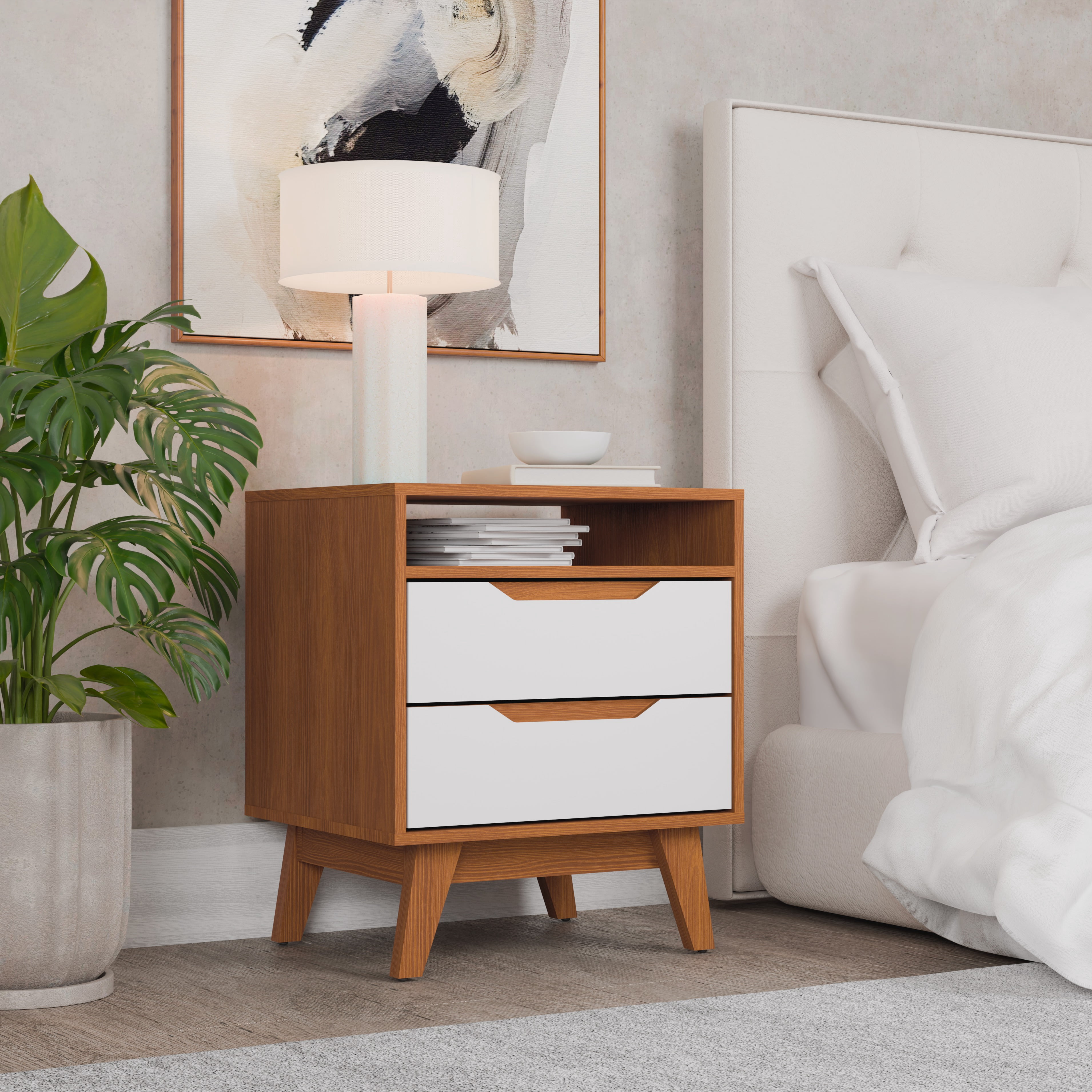 Kappesberg Paris 2-Drawer Nightstand with Open Shelf and Built-in Handles - Golden Oak/White - for Adults and Teens