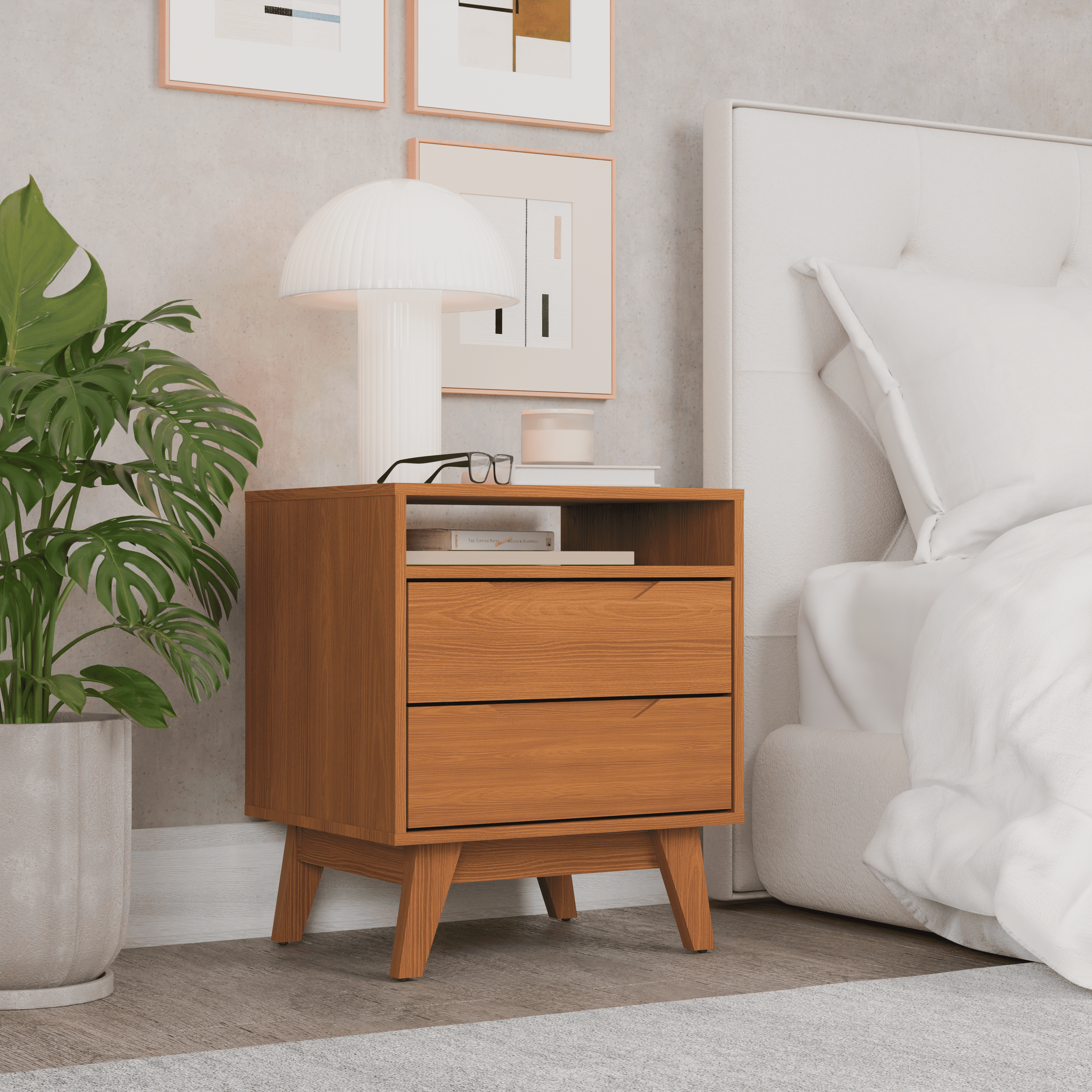 Kappesberg Paris 2-Drawer Nightstand with Open Shelf and Built-in Handles - Golden Oak - for Adults and Teens