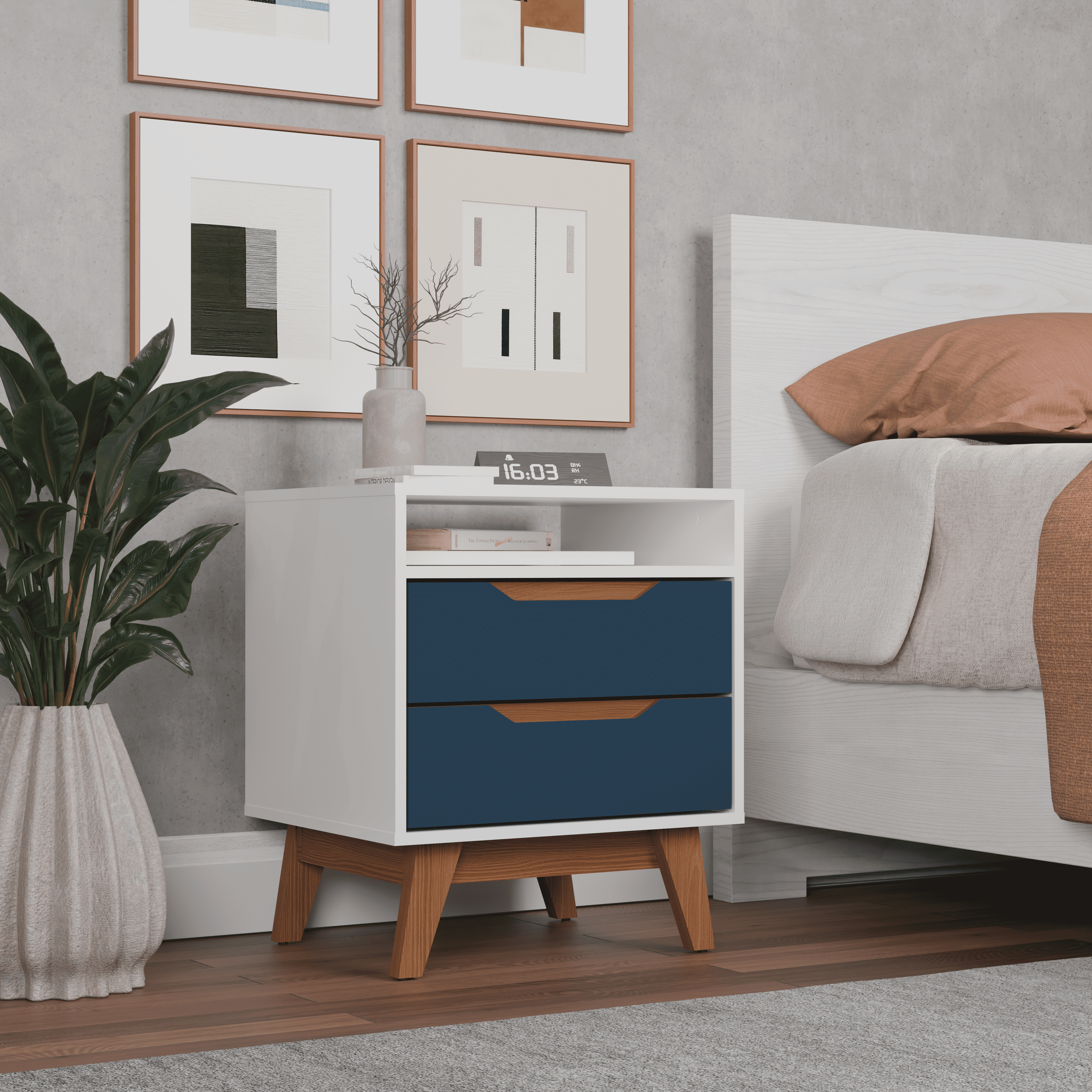 Kappesberg Paris 2-Drawer Nightstand with Open Shelf and Built-in Handles - White/Blue - for Adults and Teens