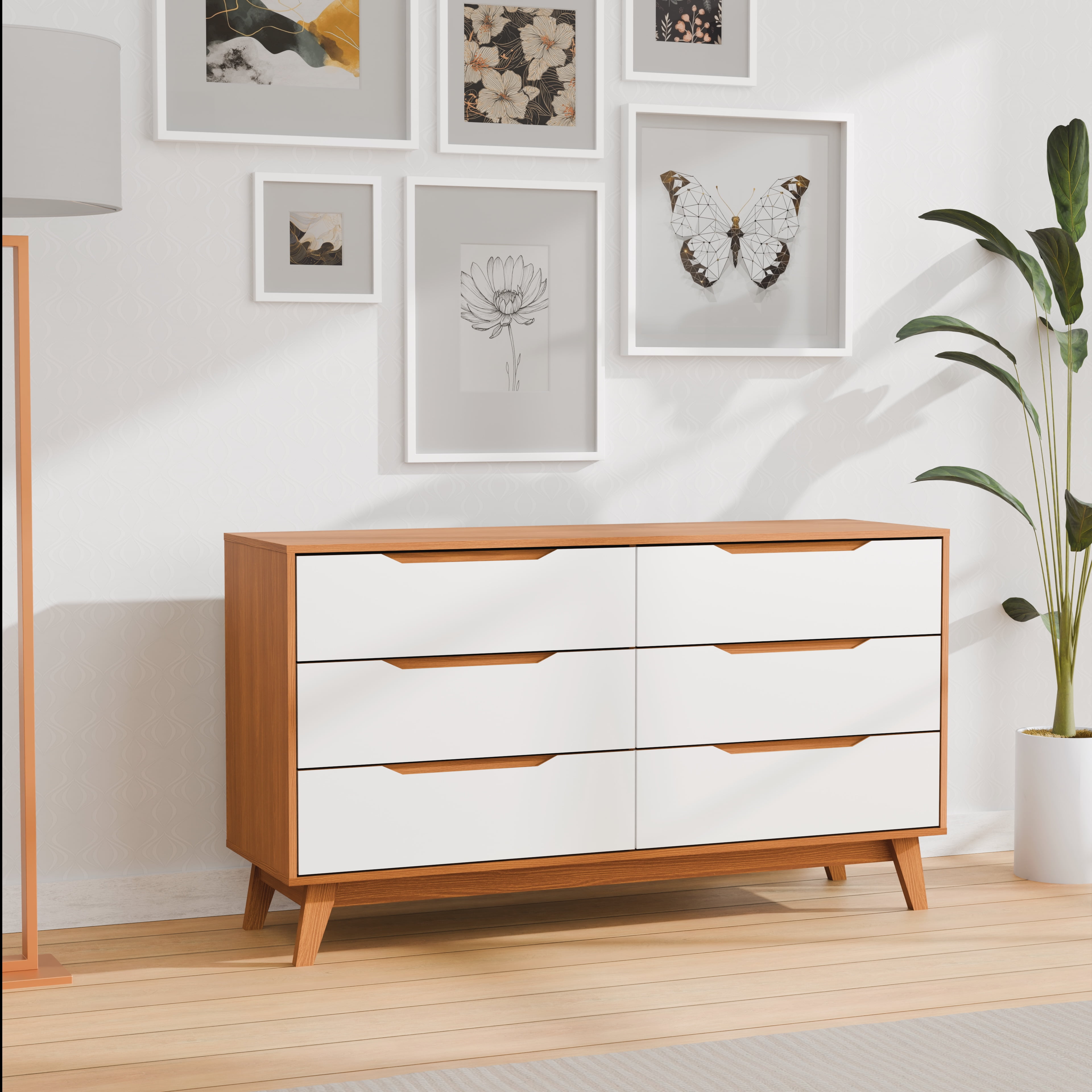Kappesberg Rio 6-Drawer Dresser with Built-in Handles and Telescopic Slides - Golden Oak/White - for Adults and Teens