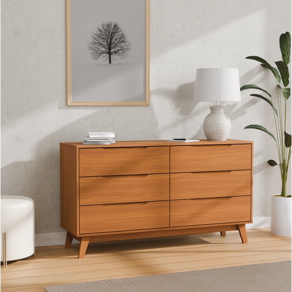 Kappesberg Rio 6-Drawer Dresser with Built-in Handles and Telescopic Slides - Golden Oak - for Adults and Teens