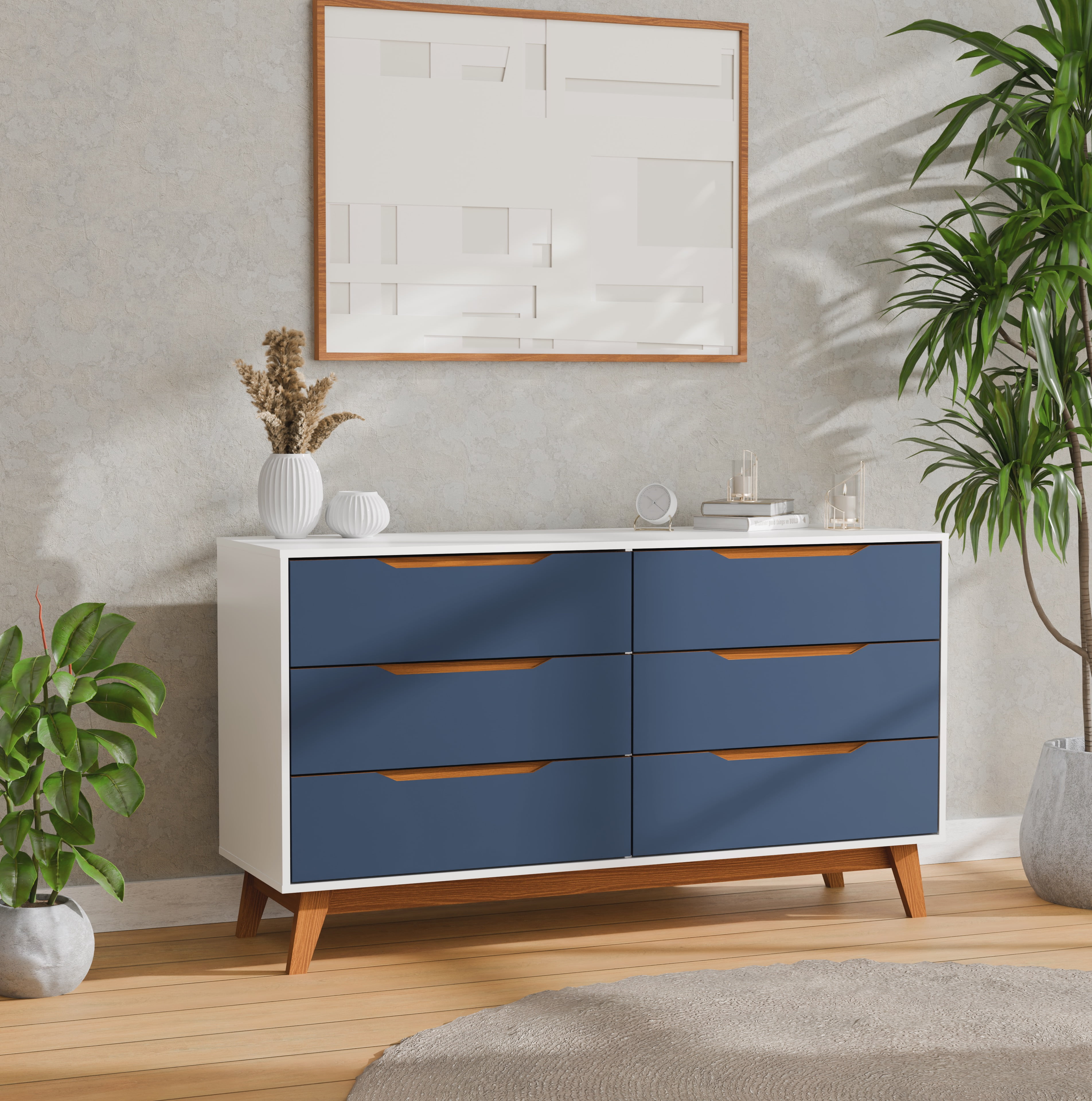 Kappesberg Rio 6-Drawer Dresser with Built-in Handles and Telescopic Slides - White/Blue - for Adults and Teens