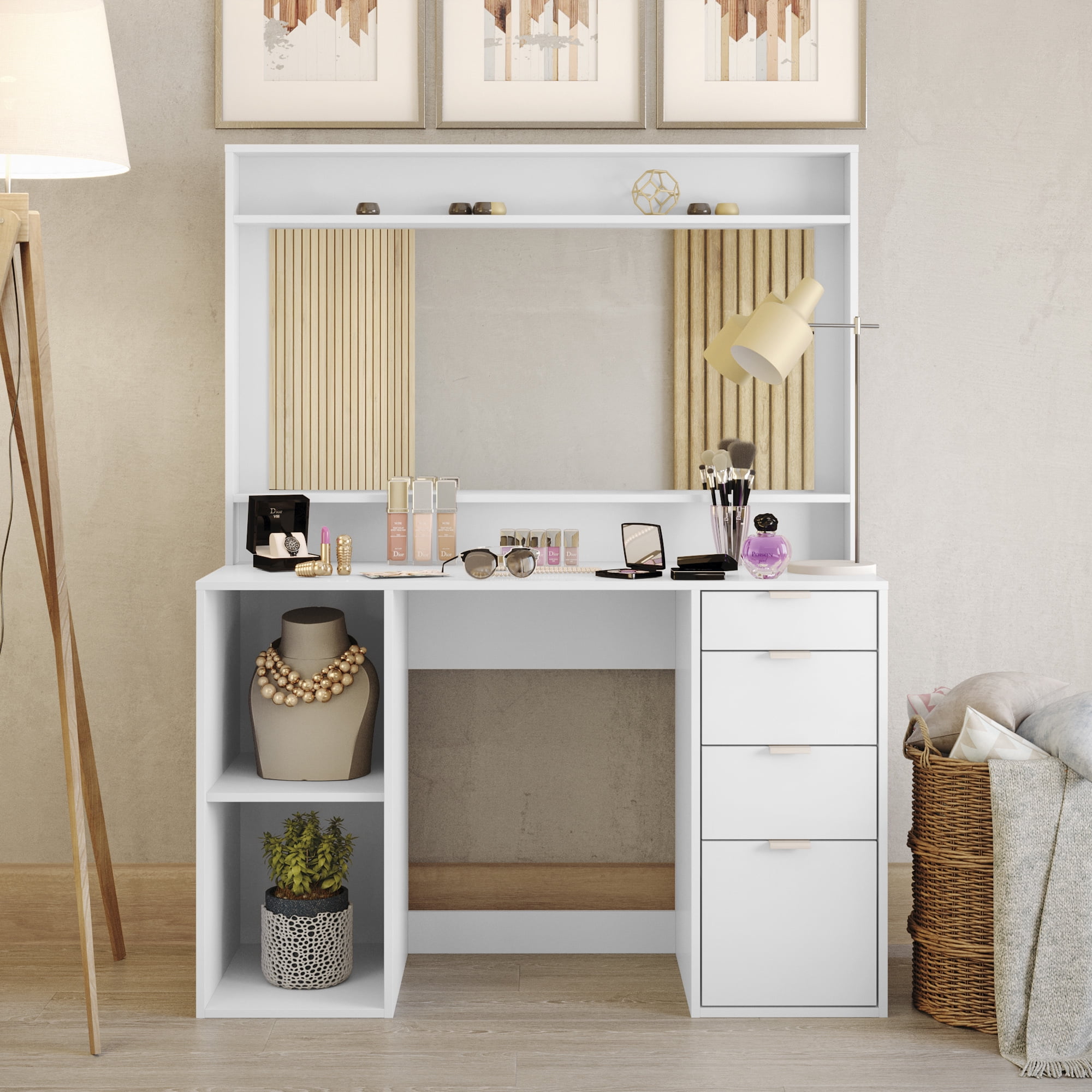 Kappesberg Sariana White Makeup Vanity Desk with Mirror and Drawers – 47.2'' Wide