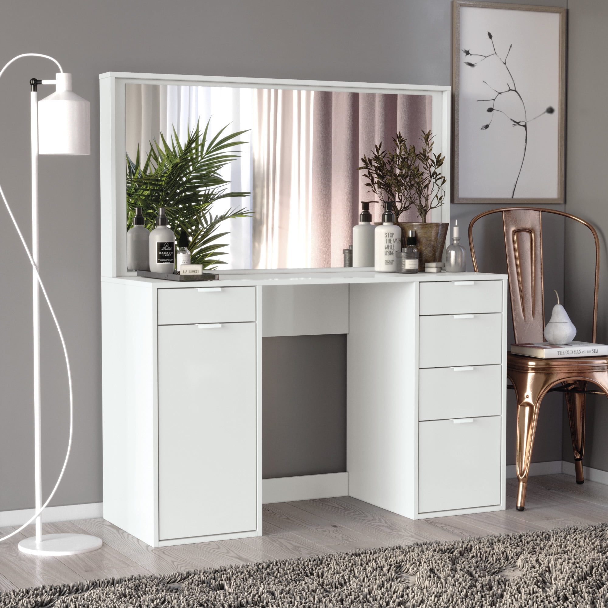 Kappesberg Silvana 47" White Makeup Vanity Desk with Mirror, 5 Drawers & Side Cabinet