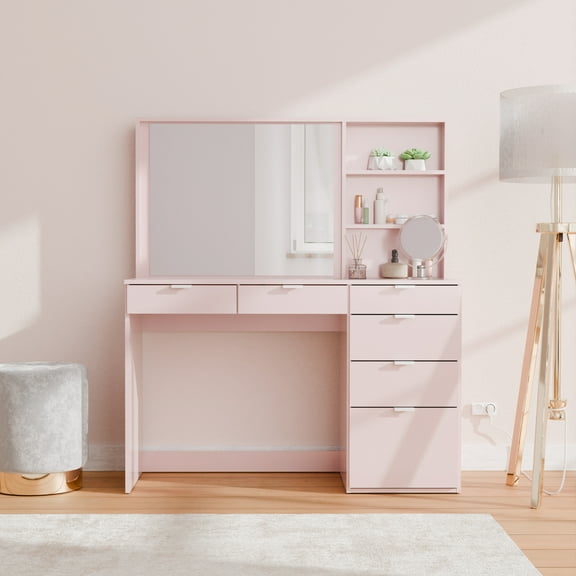 Kappesberg Sofia Vanity Table with 6-Drawer and Niches: Style and Organization for Your Bedroom and Closet, for Adults and Teens - Pink.