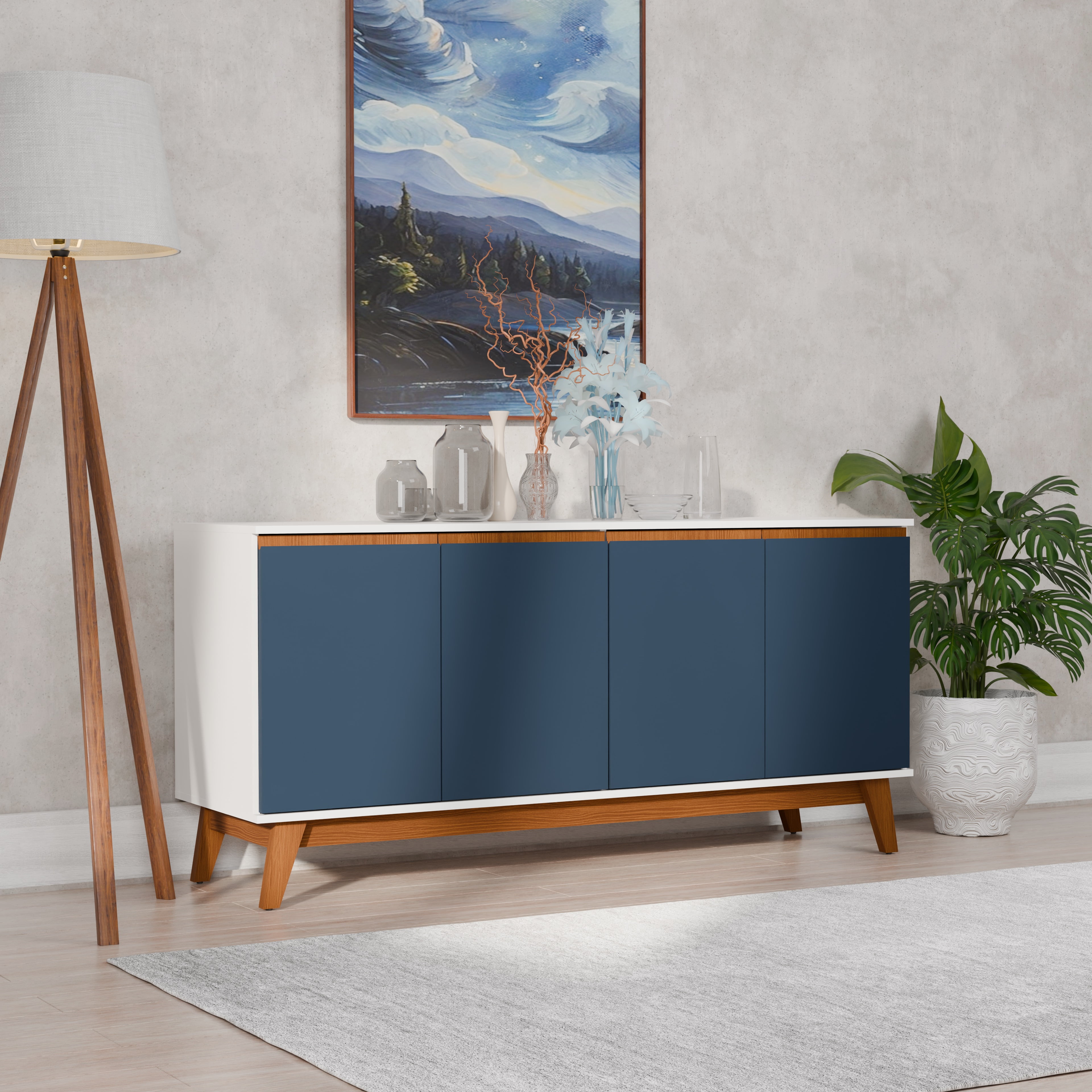 Kappesberg Tokyo 4-Door Sideboard with Soft-Close Doors and 2-Shelves, White/Blue Finish