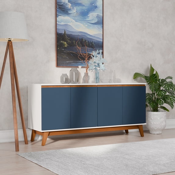 Kappesberg Tokyo 4-Door Sideboard with Soft-Close Doors and 2-Shelves, White/Blue Finish