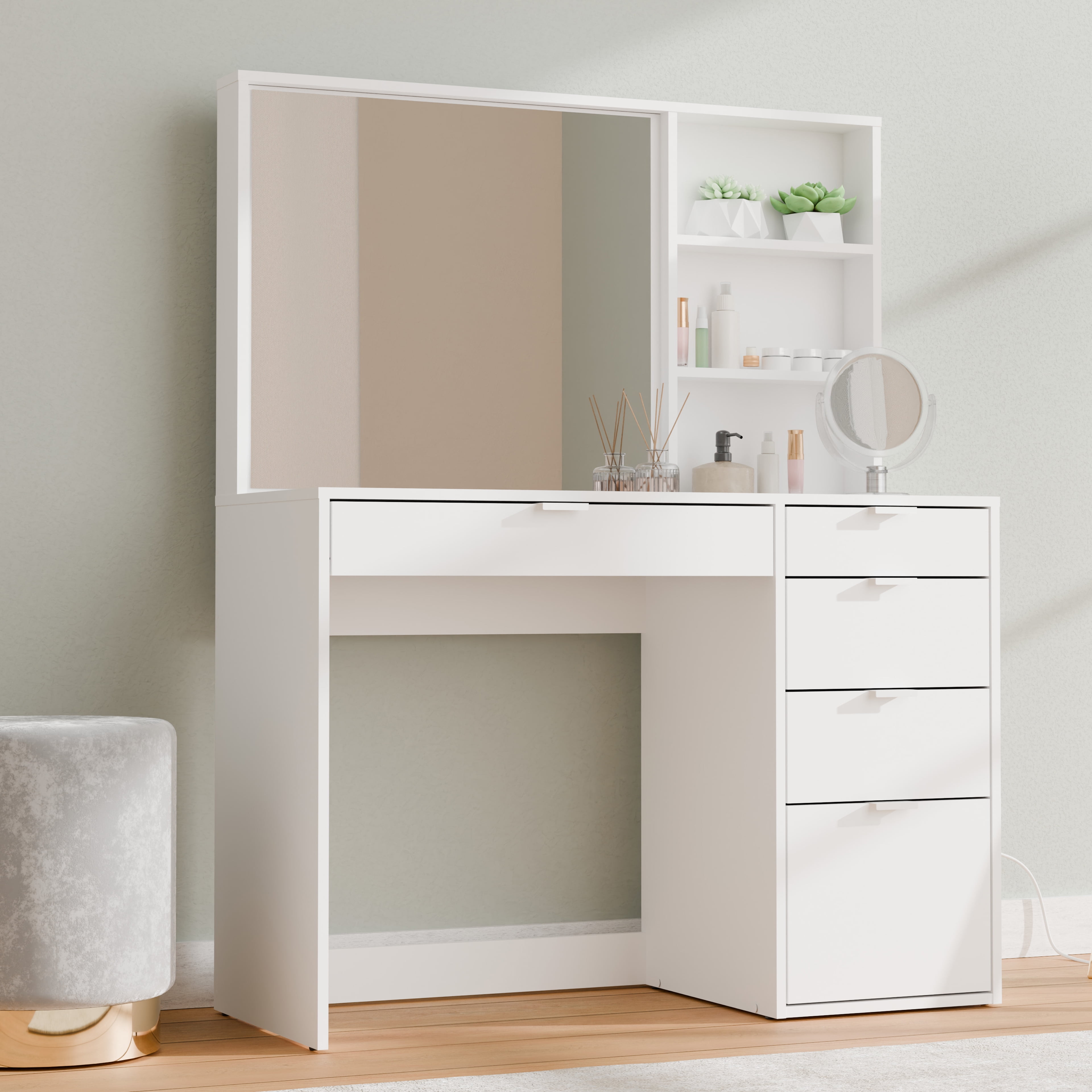 Kappesberg Topaz Vanity Table with 5 Drawers, Mirror & Open Niches – White, 53.5"W