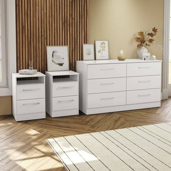 Kappesberg Linden 3-Piece Bedroom Set – 6-Drawer Dresser and Two 2-Drawer Nightstands with Storage Shelf - White - for Adults and Teens