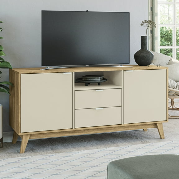 Kappesberg Chicago Light Brown/Cream 59"W TV Stand with Drawers, Doors & Cable Storage