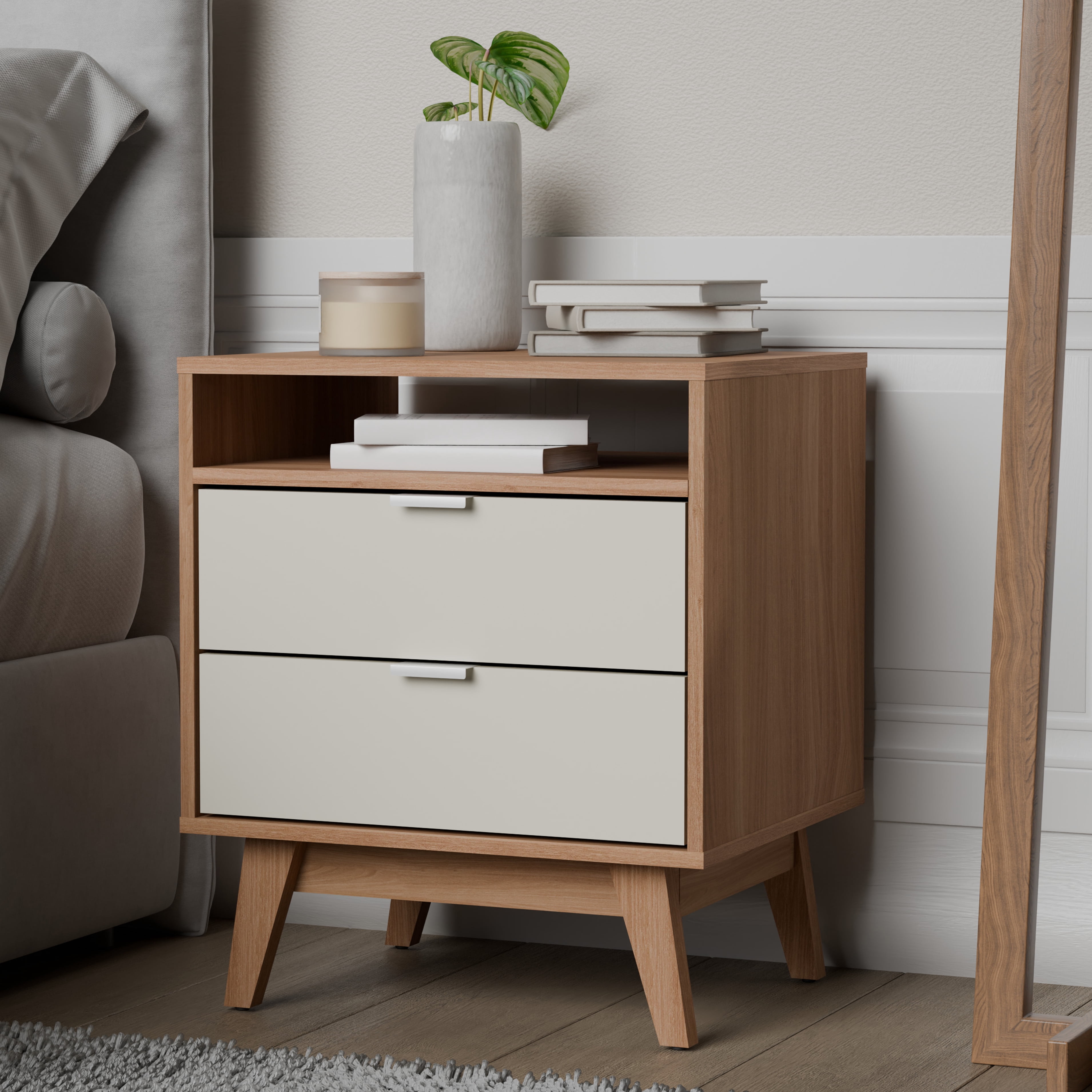 Kappesberg Hanford 2-Drawer Nightstand with Open Shelf, Brown & Cream, Mid-Century Modern - for Adults and Teens